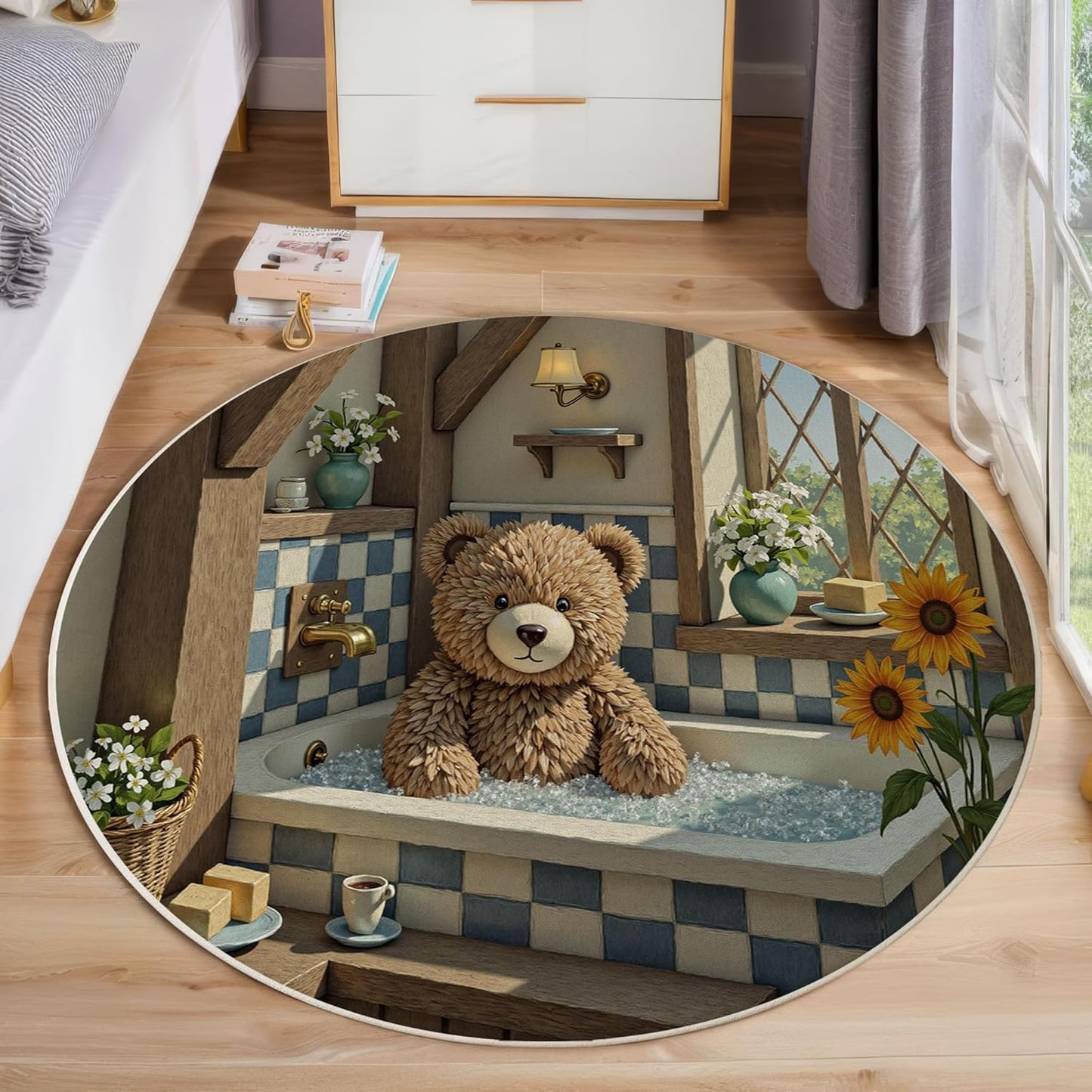 Cute Teddy Bear Bathtub Round Rugs 3Ft, Retro Country Style Round Living Room Area Rug, Washable Large Soft Circle Rug for Bedroom, Non Slip Ultra Thin Floor Carpet for Dining Room, Beige Brown