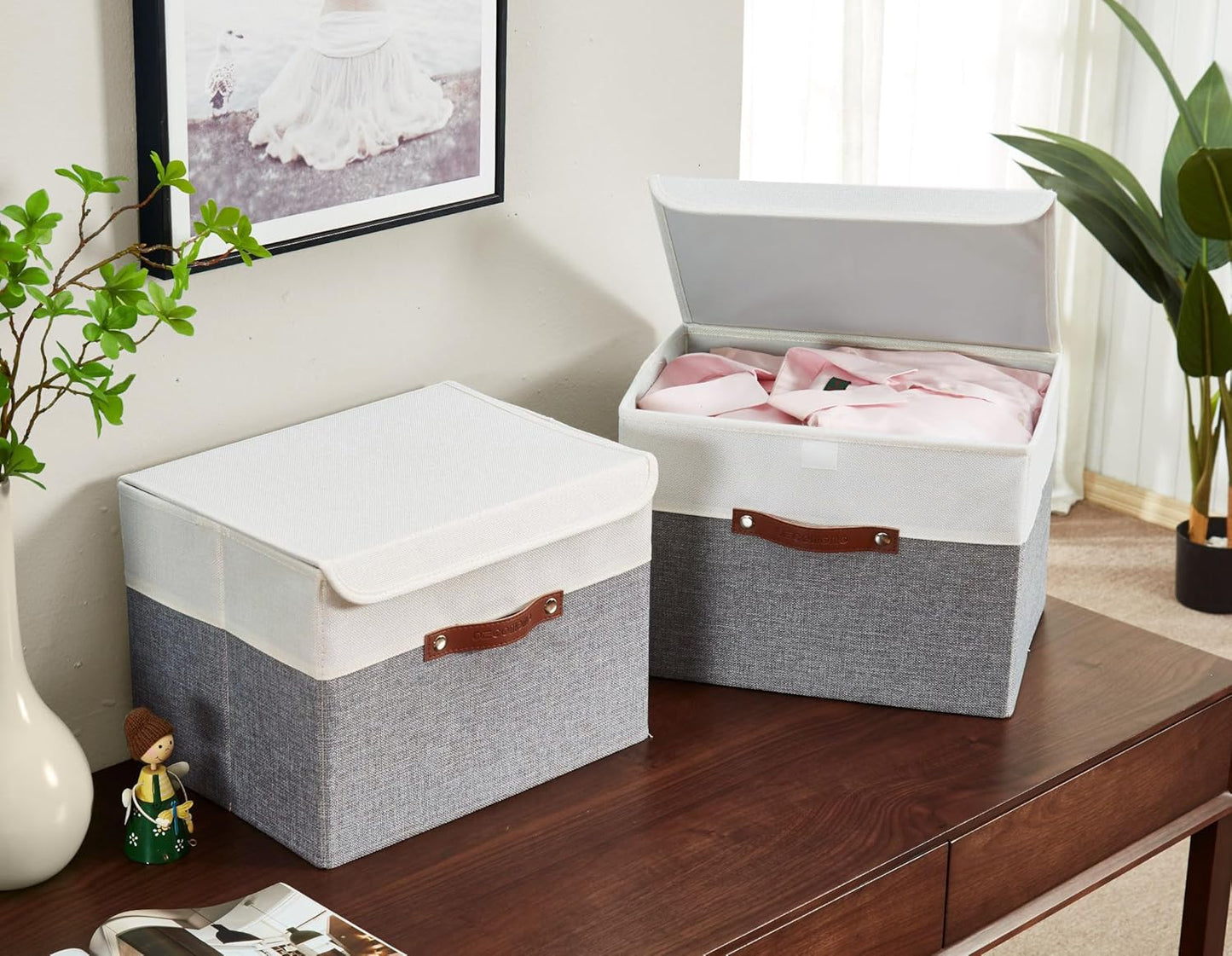 DECOMOMO Fabric Storage Bins with Lid, Storage Baskets for Shelves (Grey and White, 3 Pack)