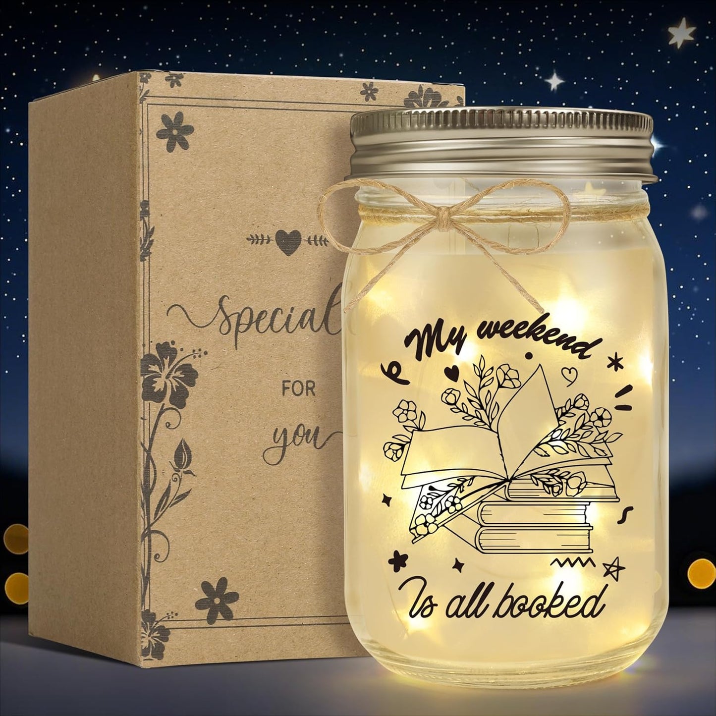 Book Lovers Gifts – Mason Jar Light Bookish Gift for Women, Readers, Bookworms, Librarians, Book Club, Book Themed Gifts, Cozy Reading Nook Decor