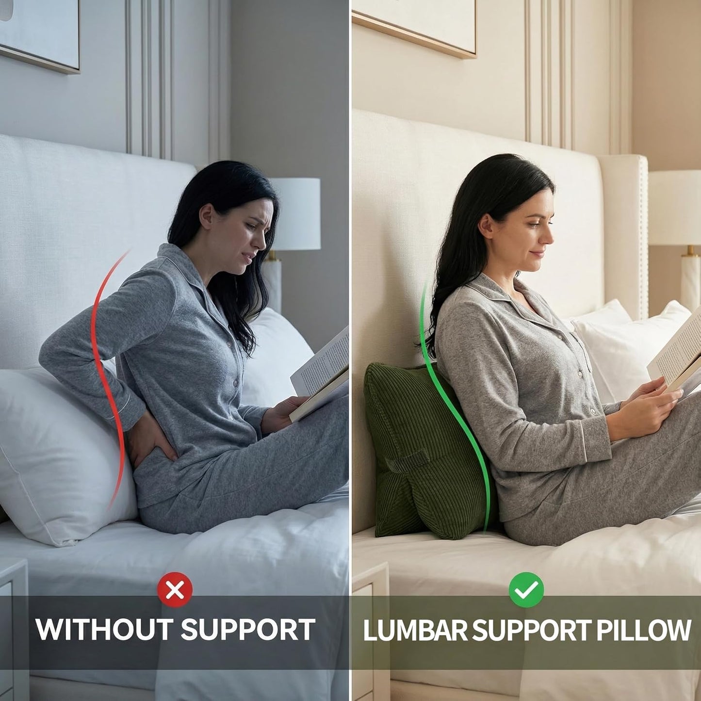 Corduroy Ergonomic Lumbar Support Pillow for Sitting Support, Triangle Back Cushion for Sofa, Armchair & Bed, Washable Cover, Avocado Green