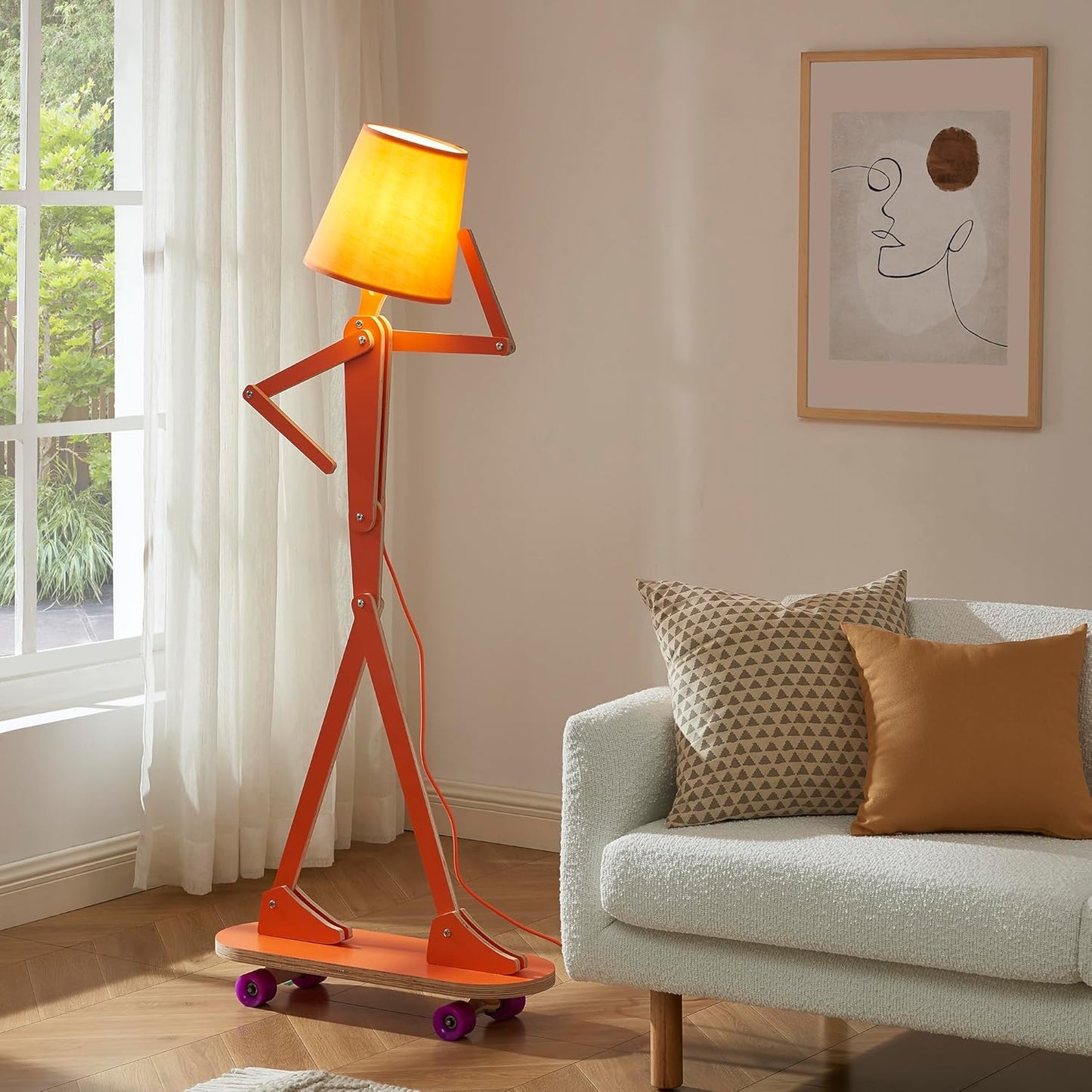 Cool Wood Floor Lamp for Living Room Bedroom Kids Bedside - Unique Office Decorative Corner Reading Standing Swing Arm Light for House Home Gift Ideas - LED Bulb Included (Orange-Skateboard)