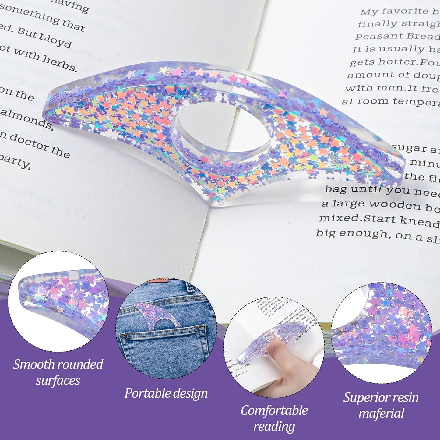 4Pcs Thumb Book Page Holder, Handmade Resin Page Holders for Reading Bookpage Spreader, One Handed Books Buddy for Hands Free Reading Gift for Books Lovers, Students Teachers, Flower & Star Design