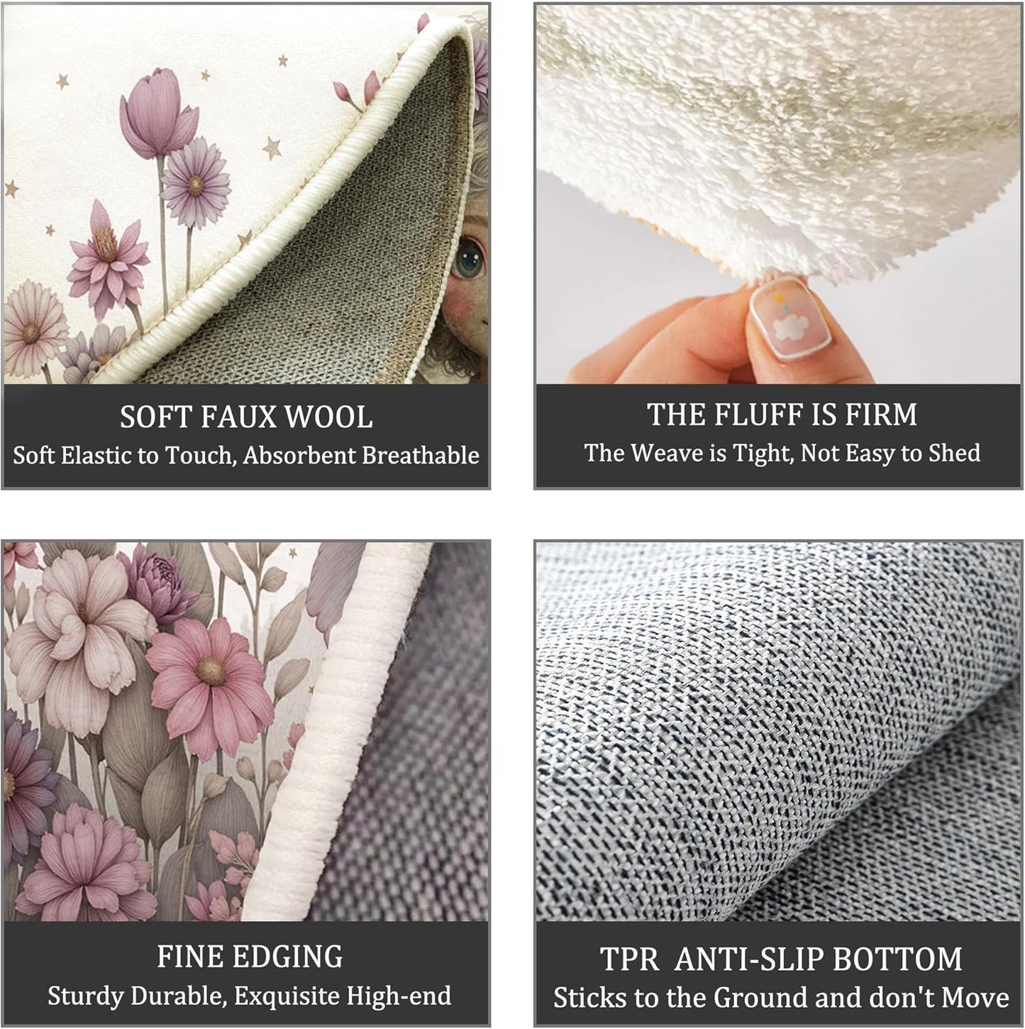 4Ft Round Washable Rug - Large Area Rug for Living Room Dining Room, Pink Gray Soft Bedroom Carpet with Cute Flowers Fairies Pattern, Fairy Tale Illustration Décor, Low Pile Stain Resistant