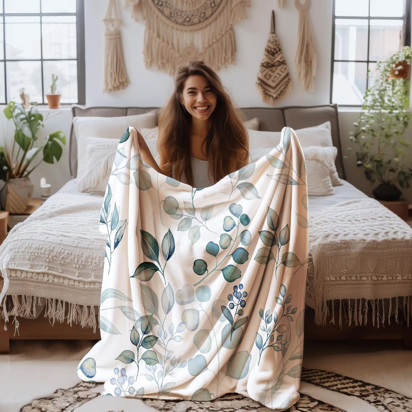 Sage Green Throw Blanket, Spring Throw Blanket for Couch Bed, Eucalyptus Leaves Floral Fleece Blanket, Camping Throw Blanket, Lightweight Soft Warm Cozy Blanket Plush Travel Throws Blankets,50"x60"