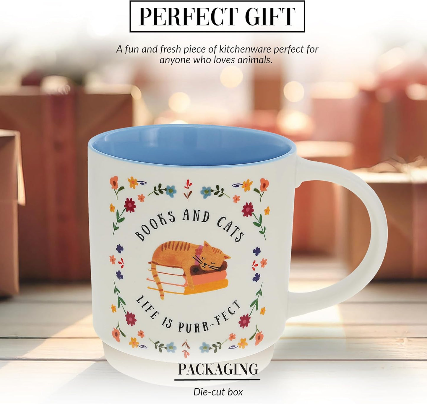 Pavilion Gift Company - Books & Cats - 18 oz Coffee Tea Mug Cat Kitten Feline Cat Lover Cat Parent Cat Mom Cat Dad Books Reading Reader Book Lover Kitchenware Drinkware