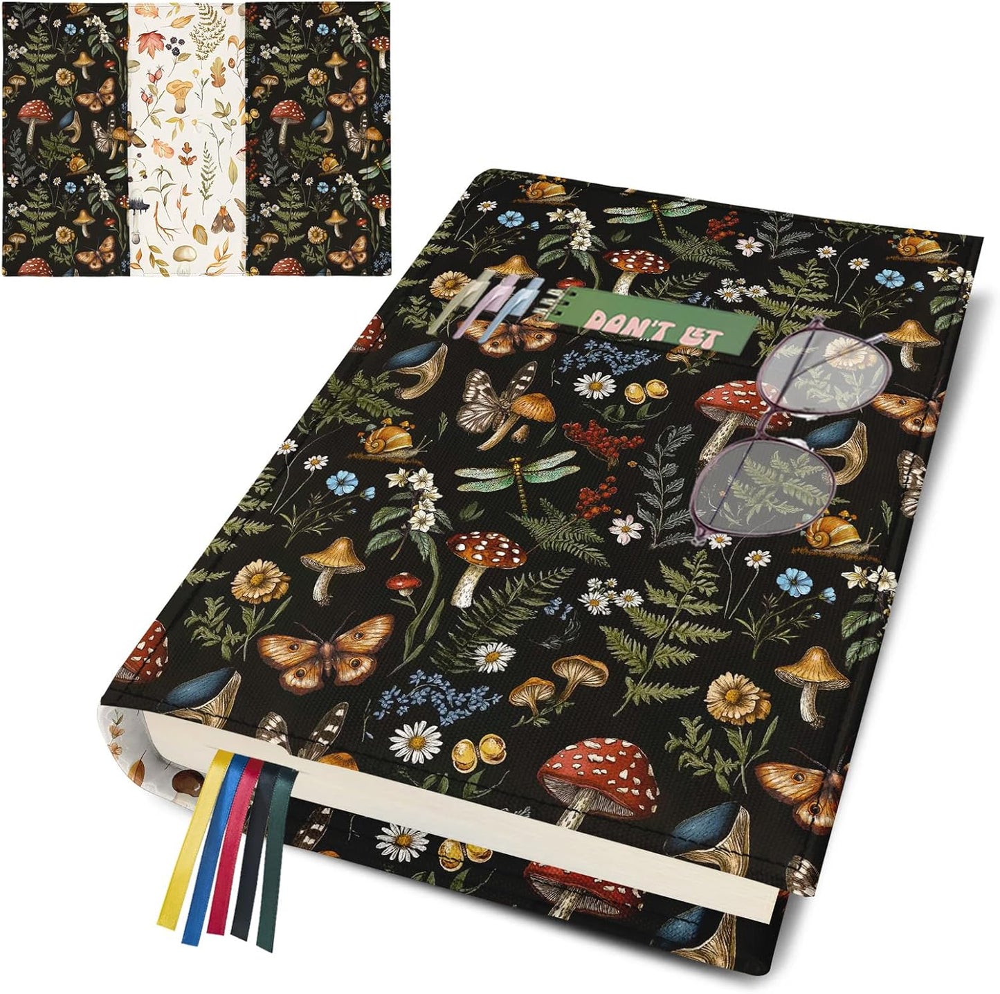 Boho Butterfly Mushroom Book Cover for Hardcover Paperback,Adjustable Soft Canvas Fabric Book Protector with Pocket Bookmark,Double Side Floral Print Book Dust Jacket Covers for Book Lovers Gift