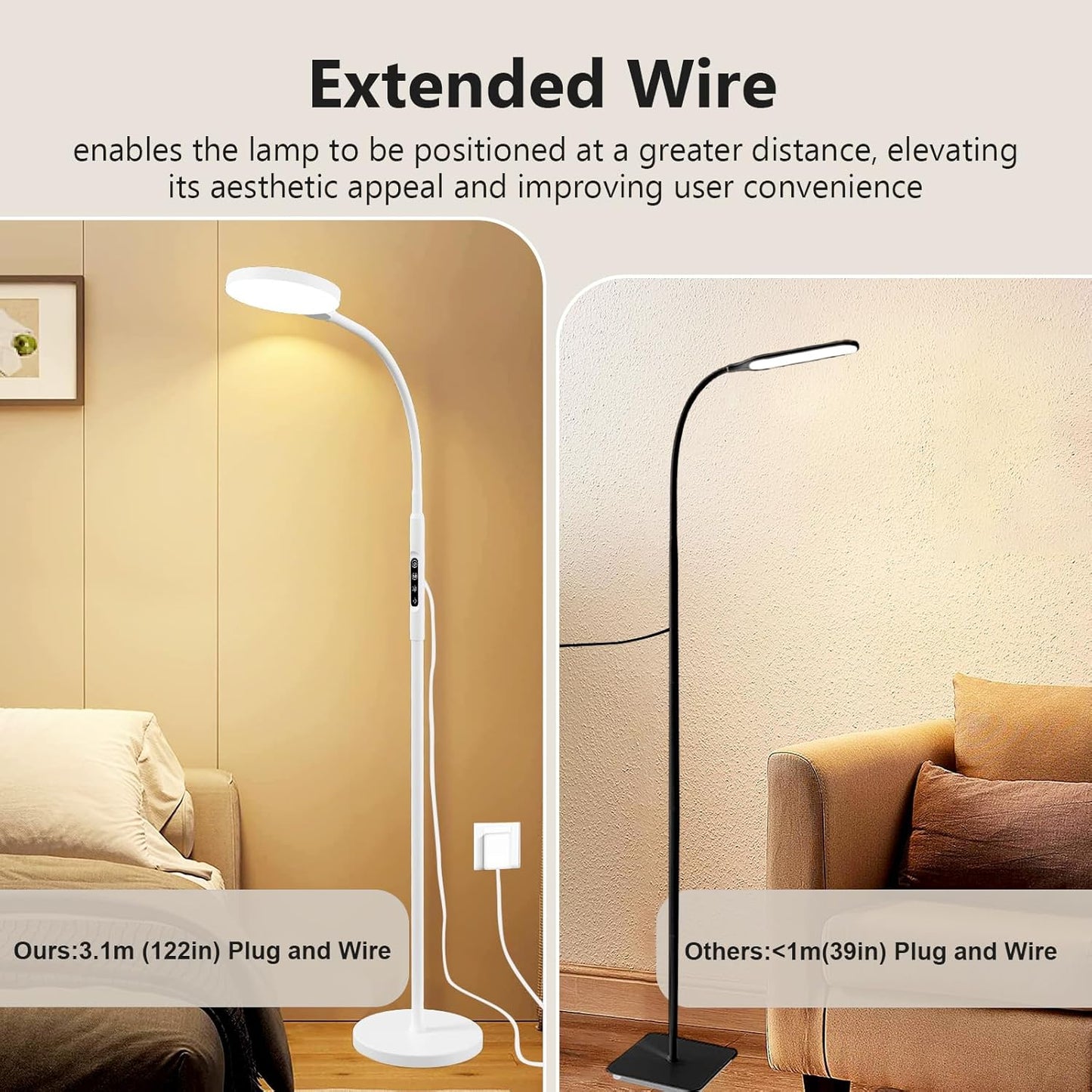 Daylight Floor & Desk Lamp – 11,000 Lux UV-Free Full Spectrum Light, 5 Color Temperatures & 10 Brightness Levels, 360° Adjustable Gooseneck Lamp for Home Office, Bedroom & Reading (White)