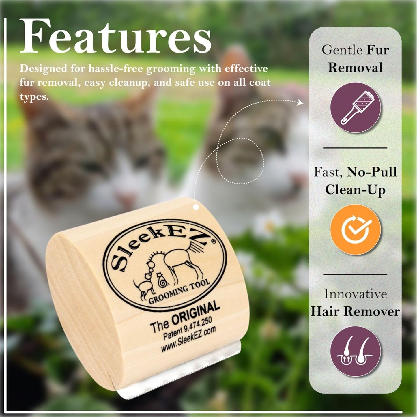SleekEZ Cat Brush for Shedding & Cat Brushes for Indoor Cats | Pet Brush for Cats | Grooming Tool | Works for Short & Long Haired Pets | Great for All Fur Types | Made in USA | 2.5 inch