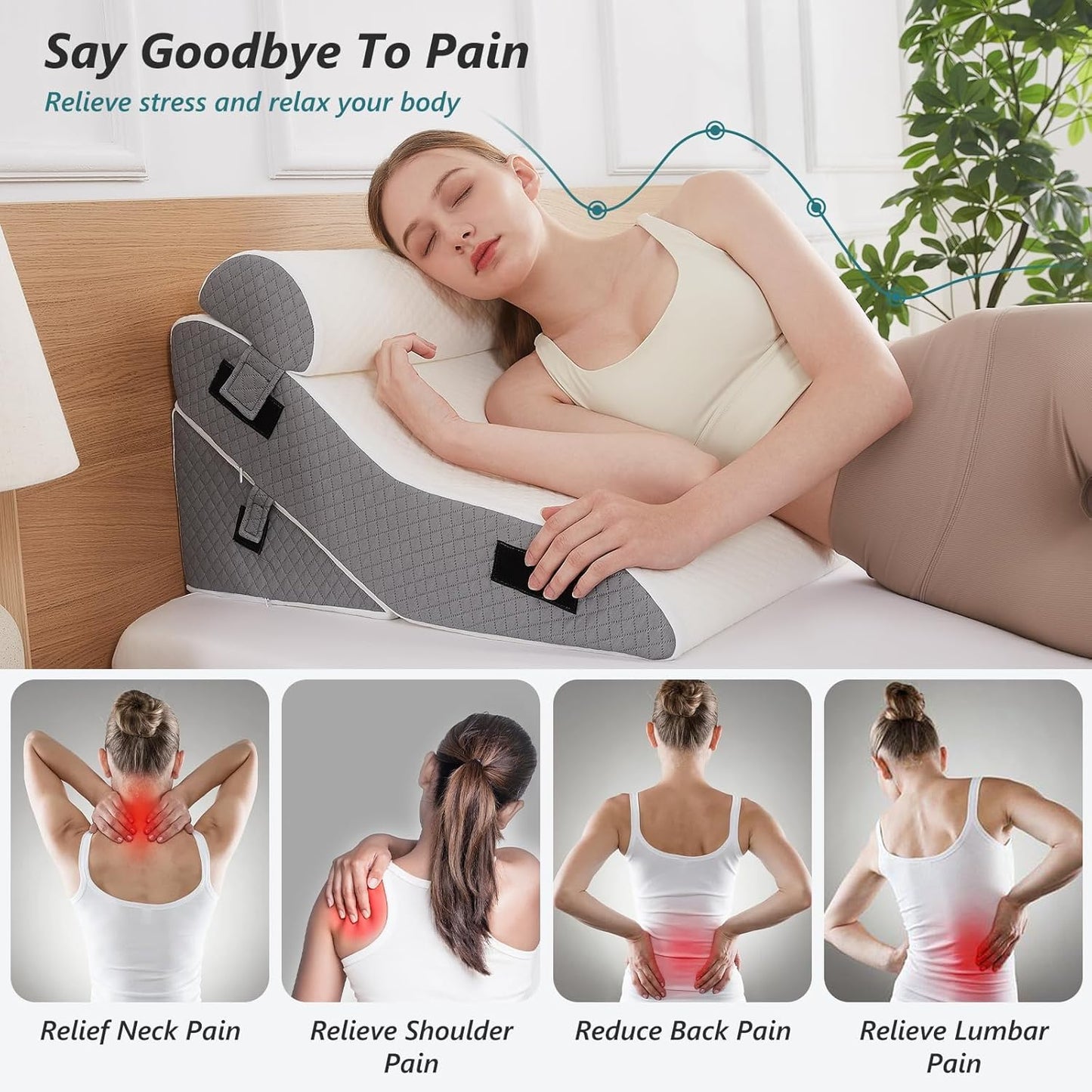 Bed Wedge Pillow Set for Sleeping 3 PCS - 16.5" Wide Triangle Pillow for Back Leg Pain Relief with Washable Cover - 35D Foam Wedge Pillow Post Surgery for Acid Reflux & Snoring (White Grey)