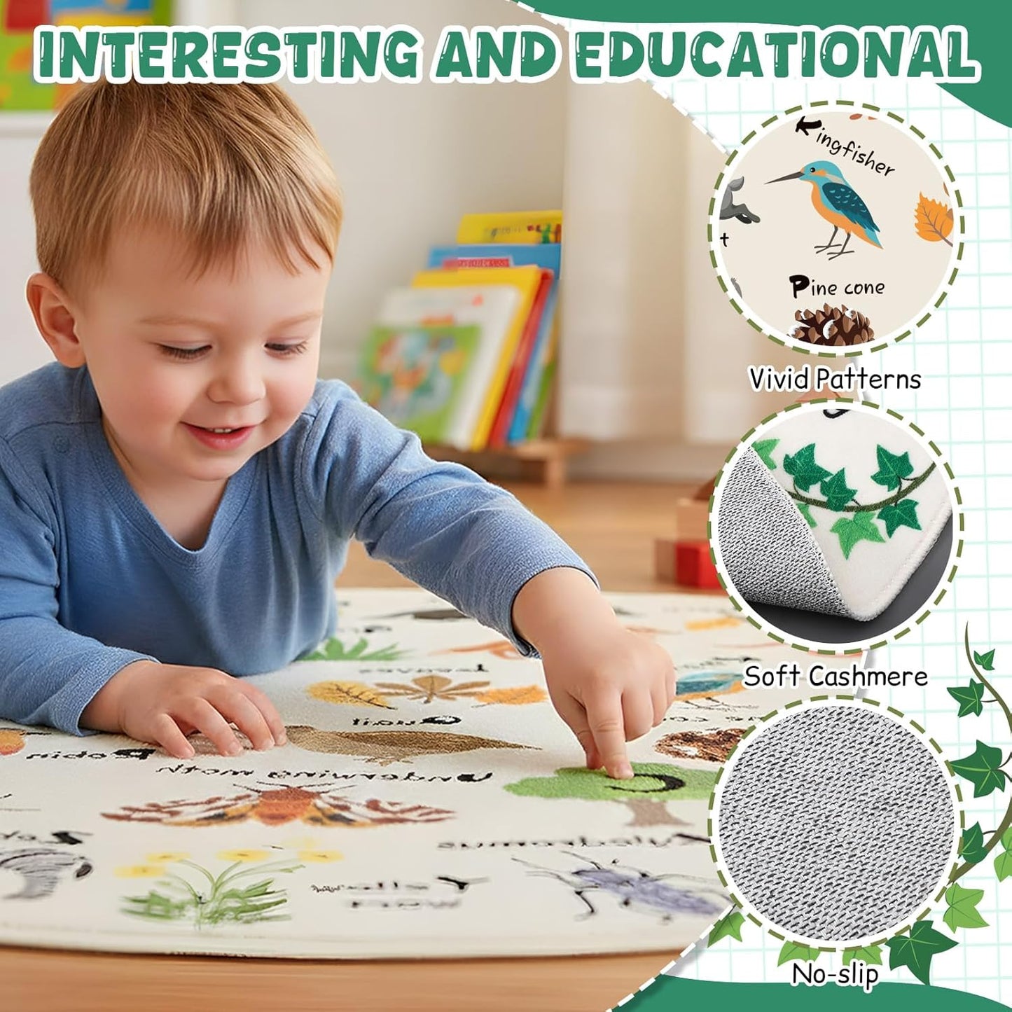 Capoda Alphabet Round Rug for Playroom Learning Alphabet Mat Woodland Animal Carpet Education Crawling Rug for Nursery Toddler Kids Bedroom Reading Corner Decor Supplies, 40 Inch