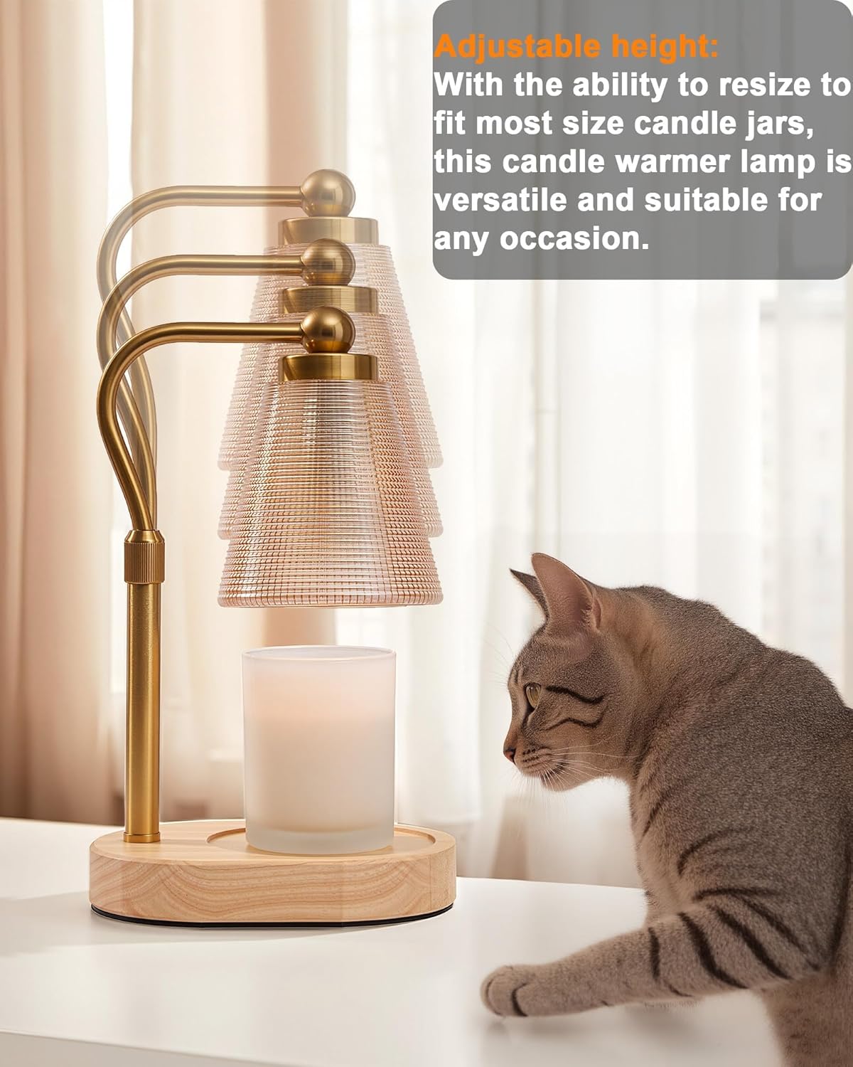 Candle Warmer Lamp with Timer, Dimmer, Adjustable Height, 2 Replacement Bulbs, Electric Candle Warmer for Jar Candles, Decorative Candle Lamps (Gold)