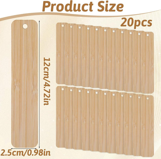 20 Pack Blank Bamboo Bookmark, 4.7 Inch Unfinished Craft Tags Engraving Bamboo Blanks Bookmarks Rectangle Wood Hanging Tags for DIY Gifts Book Marking Crafts Decors