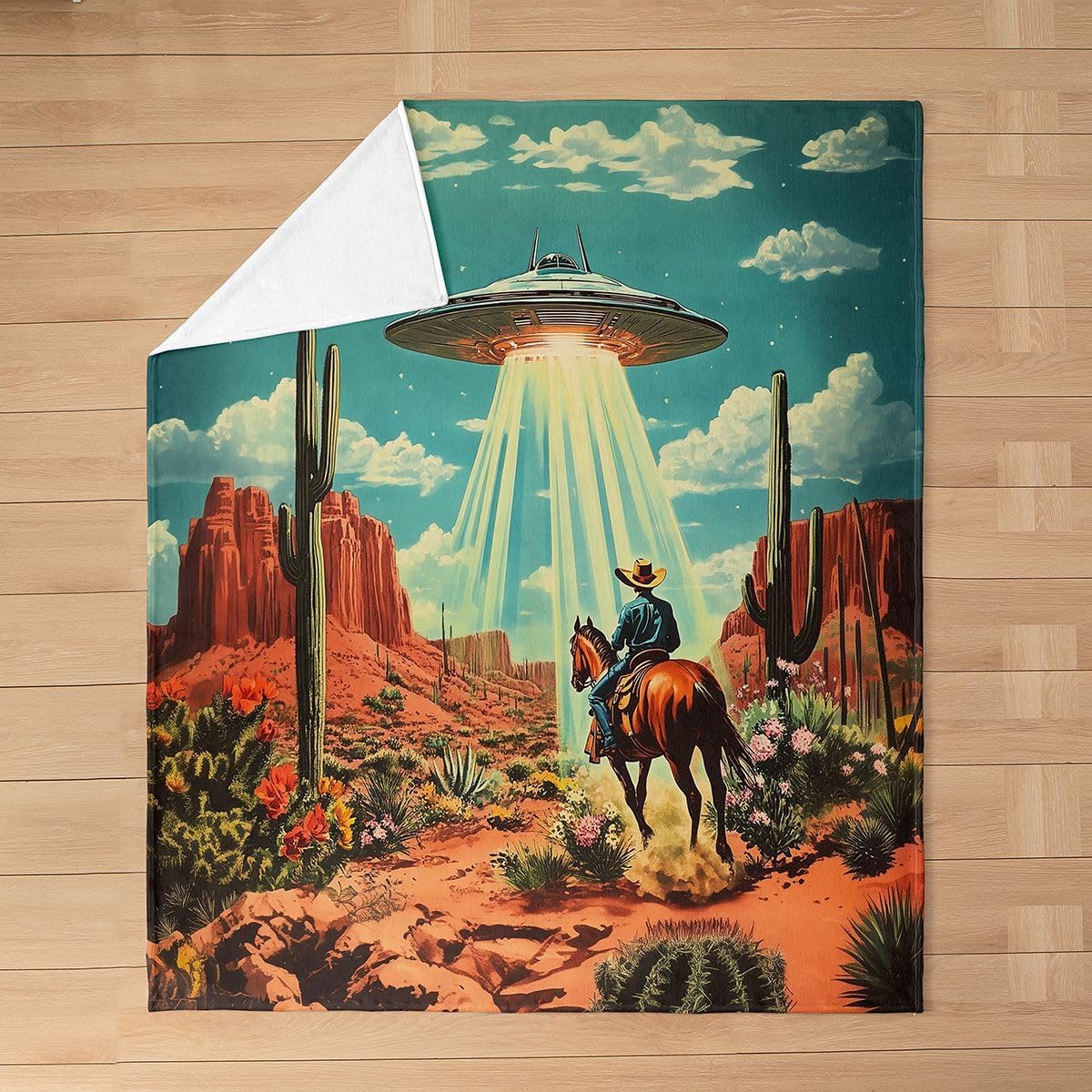 Castle Fairy Cowboy Flannel Fleece Throw Blanket 60"x80" Magical UFO Alien Spacecraft Fuzzy Blanket for Sofa Couch Desert Adventure All Season Bed Blankets Lightweight Plush Blankets,Orange