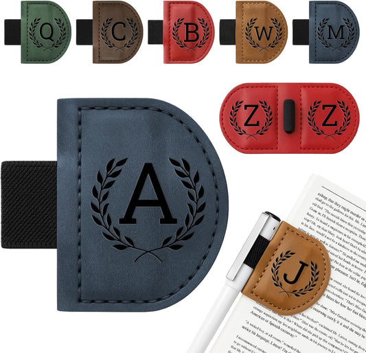 Personalized Bygone Mark Bookmark with Pen Holder,Engraving Leather Magnetic Bookmarks Vintage 26 Letters Name Initials Text Book Marker Clips Gifts for Reading Book Lovers Women (Blue, A)