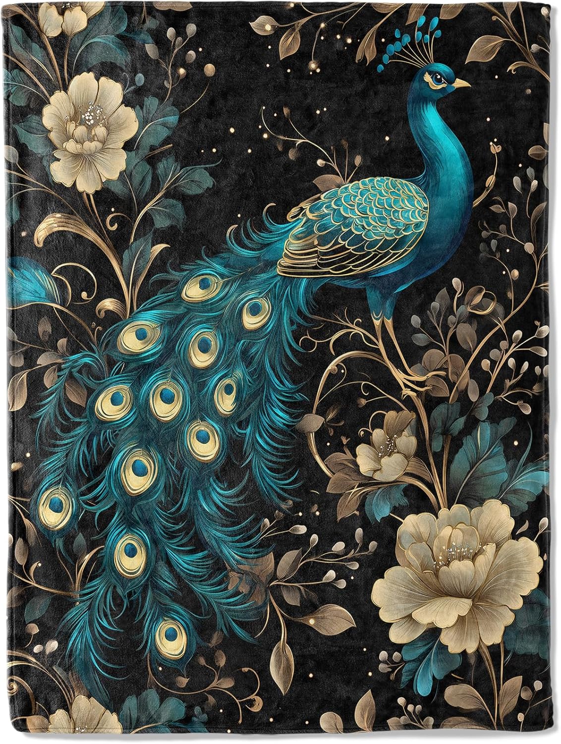 Elegant Peacock Flannel Blanket - Luxurious Floral with Majestic Bird and Golden Flower Throw - Soft Cozy Gifts Blankets for Kids Women & Nature Lovers, Country Decor, Artistic Accent 50x60in