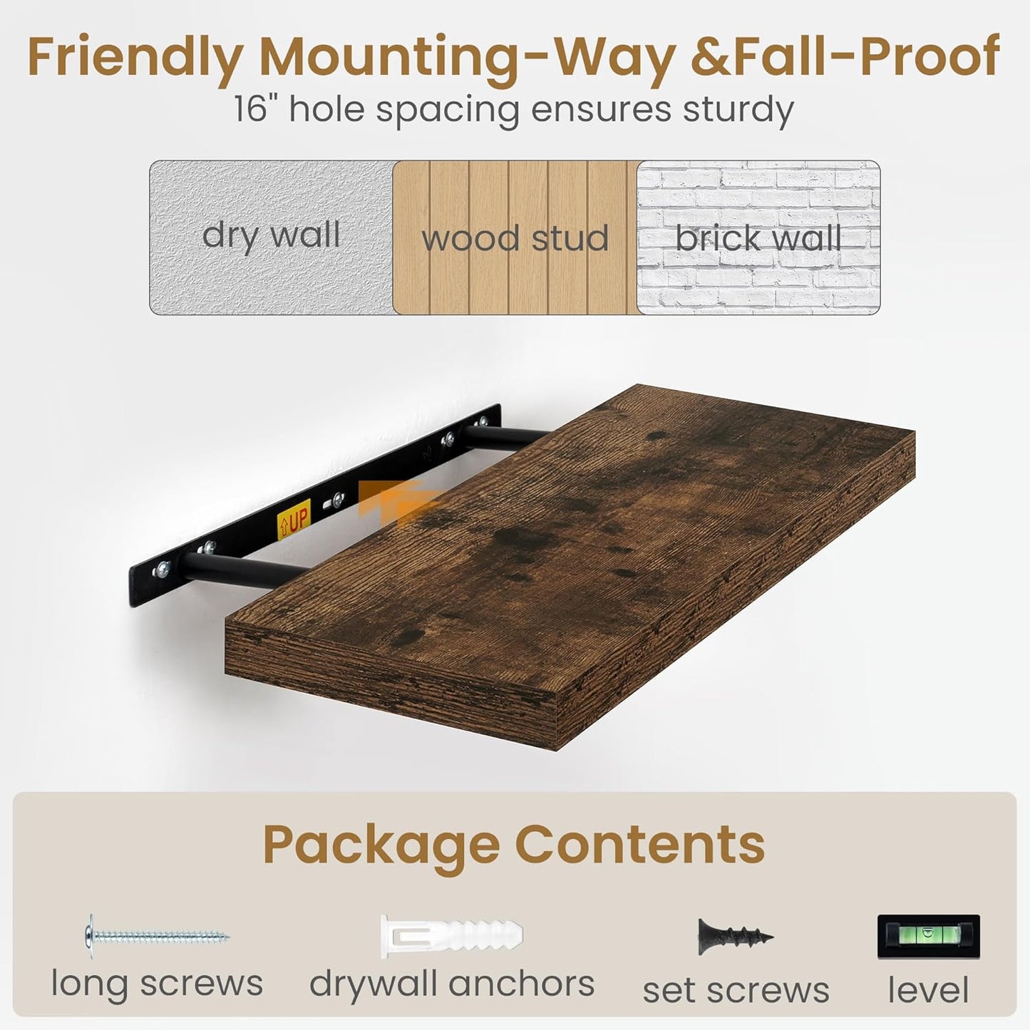 Fun Memories 36 Inch Long Floating Shelves for Wall, 9.3 Inch Deep Floating Shelf, 2 Packs Long Shelves for Bathroom, Living Room, Bedroom, Wall Mounted Storage Shelf for Books Decor, Rustic Brown