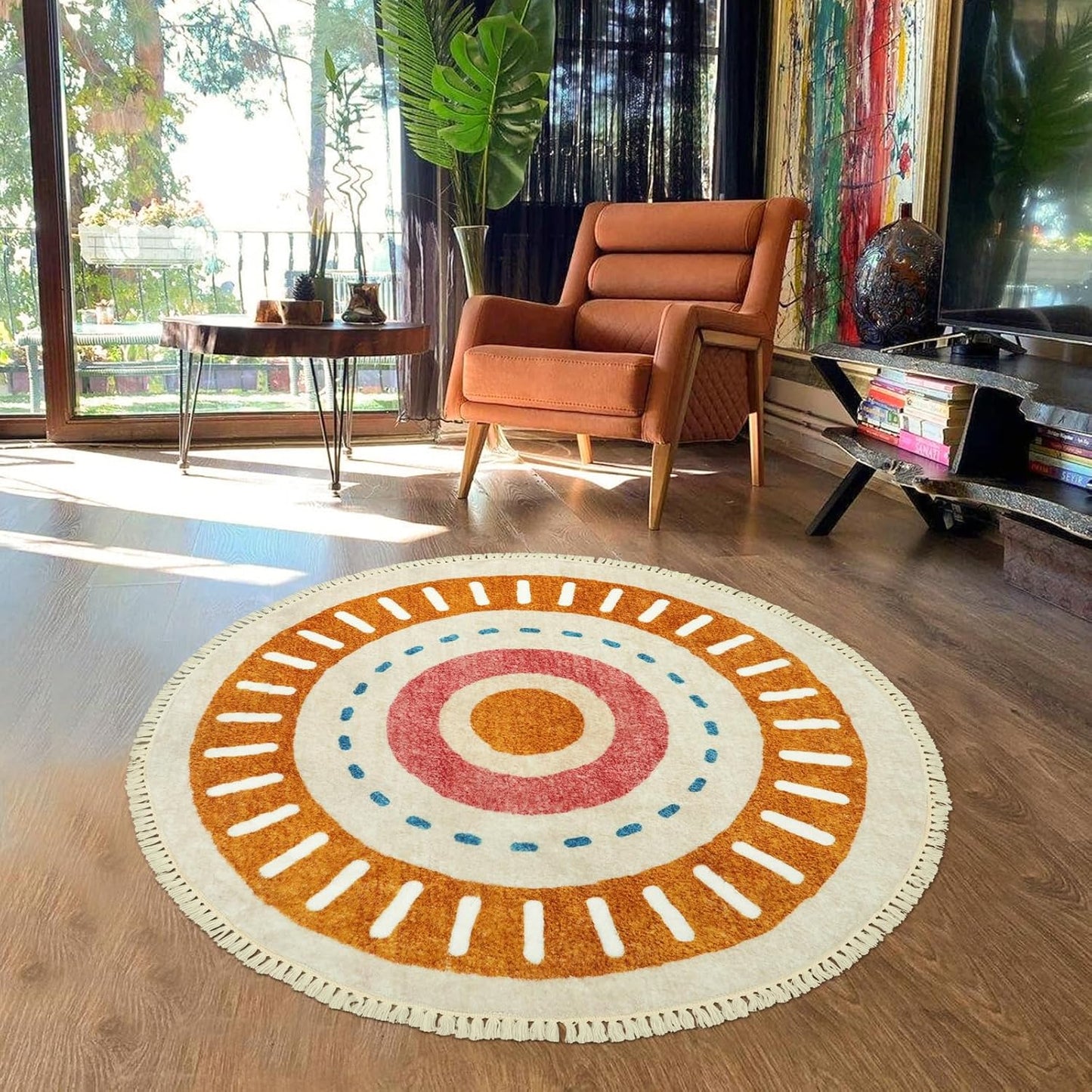 Lukinbox Boho Round Rug - 4Ft Sun Washable Rugs for Bedroom, Soft Non-Slip Circle Living Room Rugs, Colorful Rainbow Circular Throw Rug Area Carpets for Kids Room Playroom Nursery Dinning Room