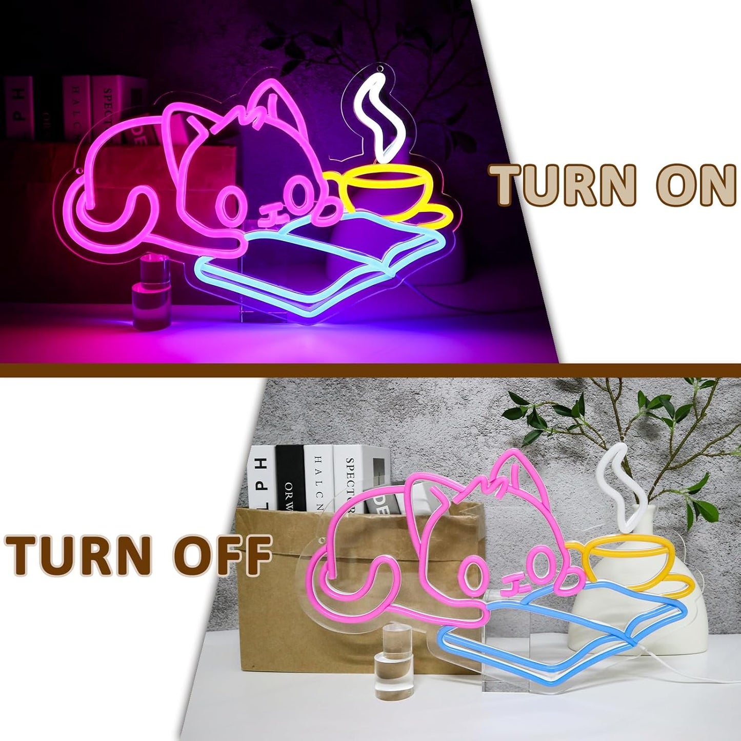 Cat Reading Book Neon Sign for Wall Decor, Cute Cat Led Signs for Library, USB Dimmable Neon Lights for Classroom Reading Cafe Corner Bedroom Study Room Home Book Club Motivational Wall Art