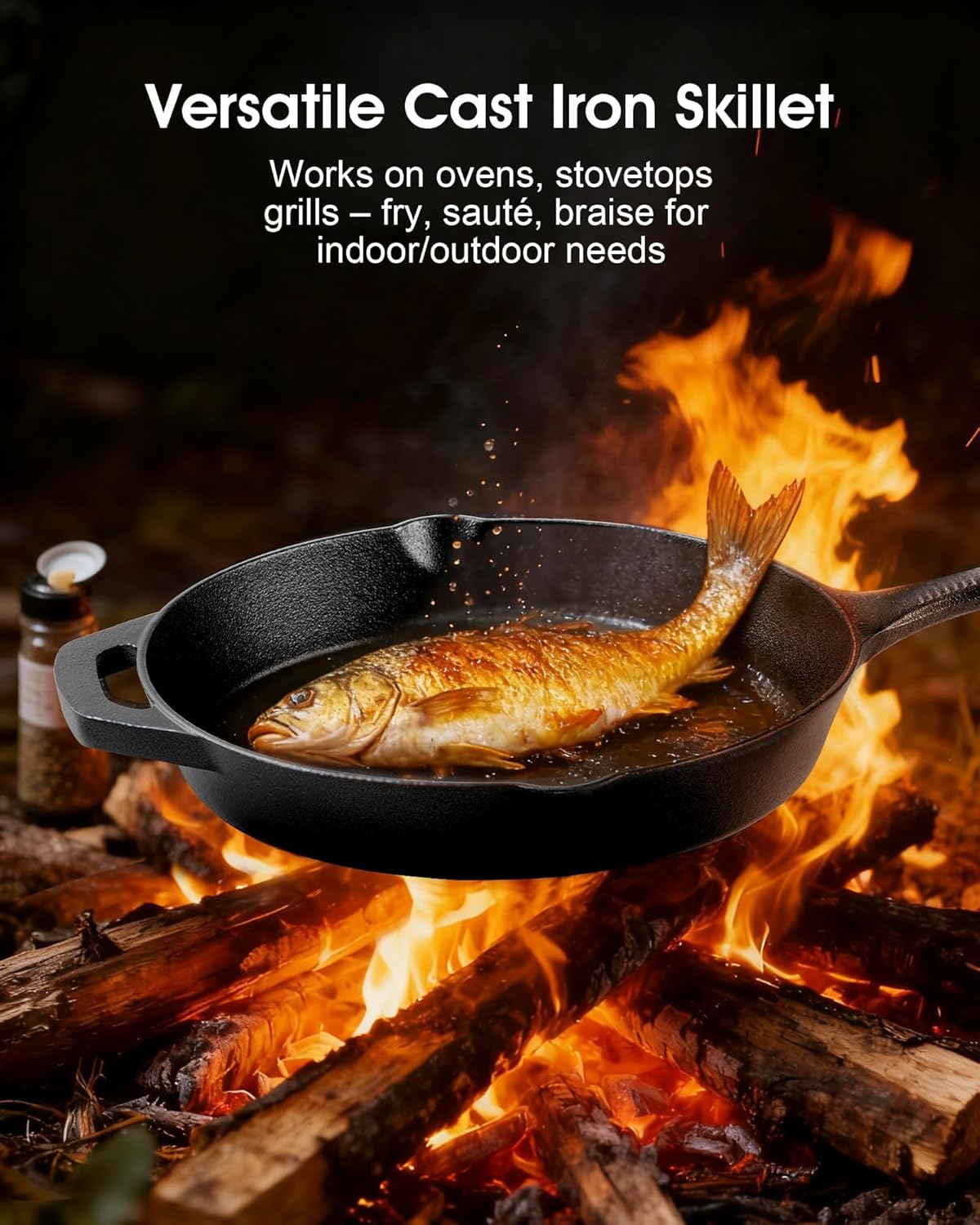 Cast Iron Skillets, 8 Inch Frying Pan with Teardrop Handle, Oven Safe, Durable Camping Cookware for Stove & Grill Use, Indoor/Outdoor