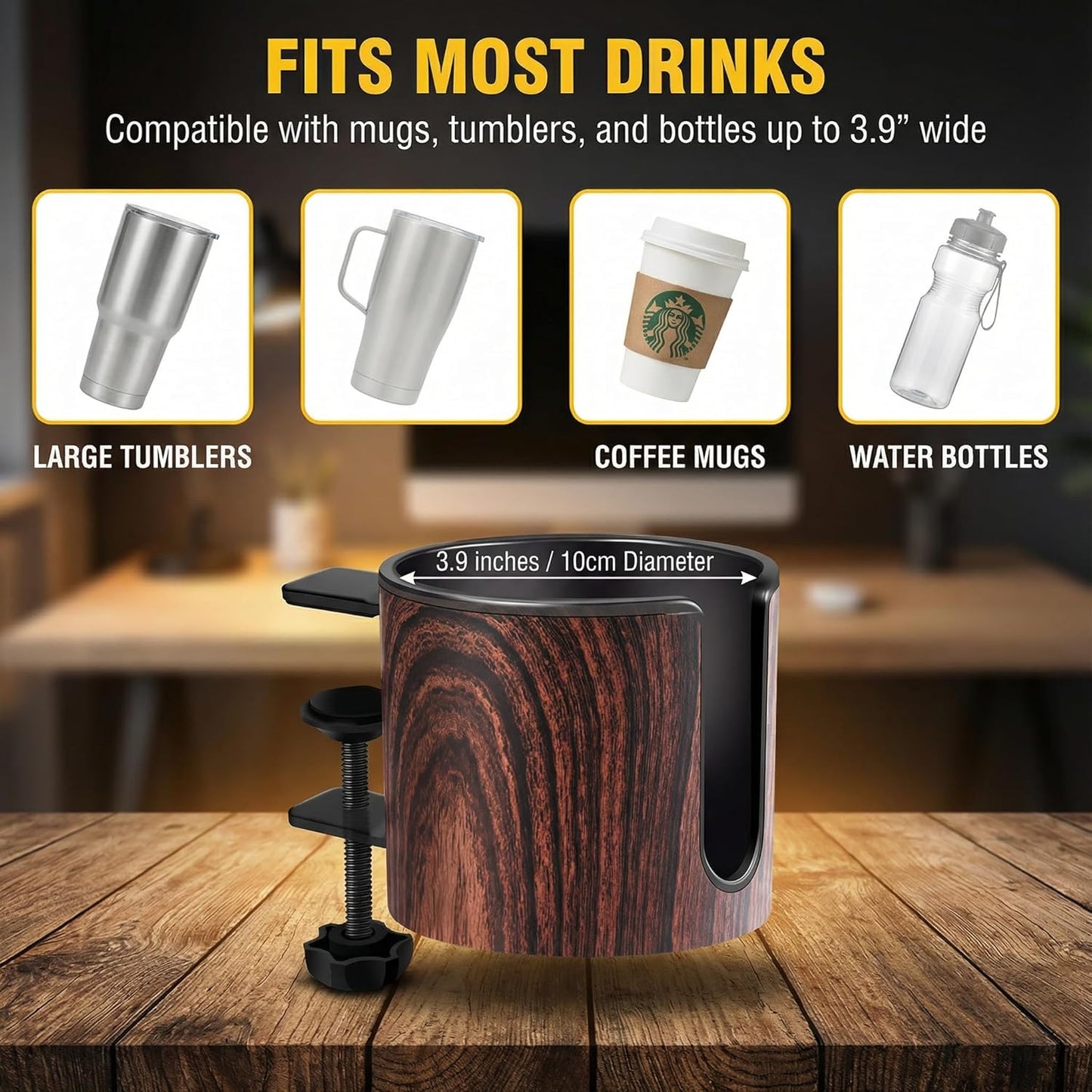 Luxury 2pcs Desk Cup Holder, Tool-Free Clamp On Desk Cup Holder, Fits 40oz Tumbler Holder & 0.2-2in Thick Desks, Anti-Spill for Office, Home, Gaming (2PCS Walnut Design)
