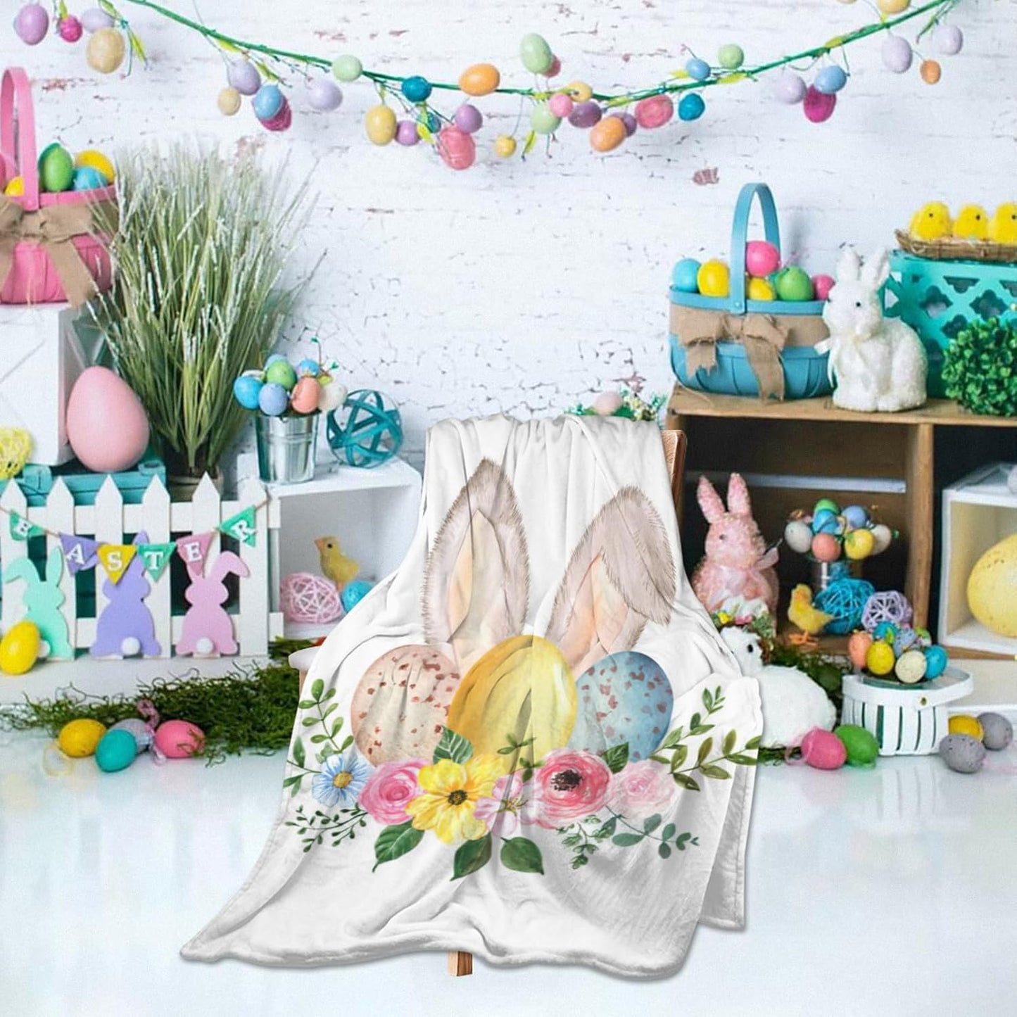 Happy Easter Rabbit Fleece Throw Blanket for Women, Super Soft Blankets and Warm Throws, Cozy, Lightweight Cute 50" x 60" Anti-Pilling Flannel Blanket for Couch, Sofa and Bed