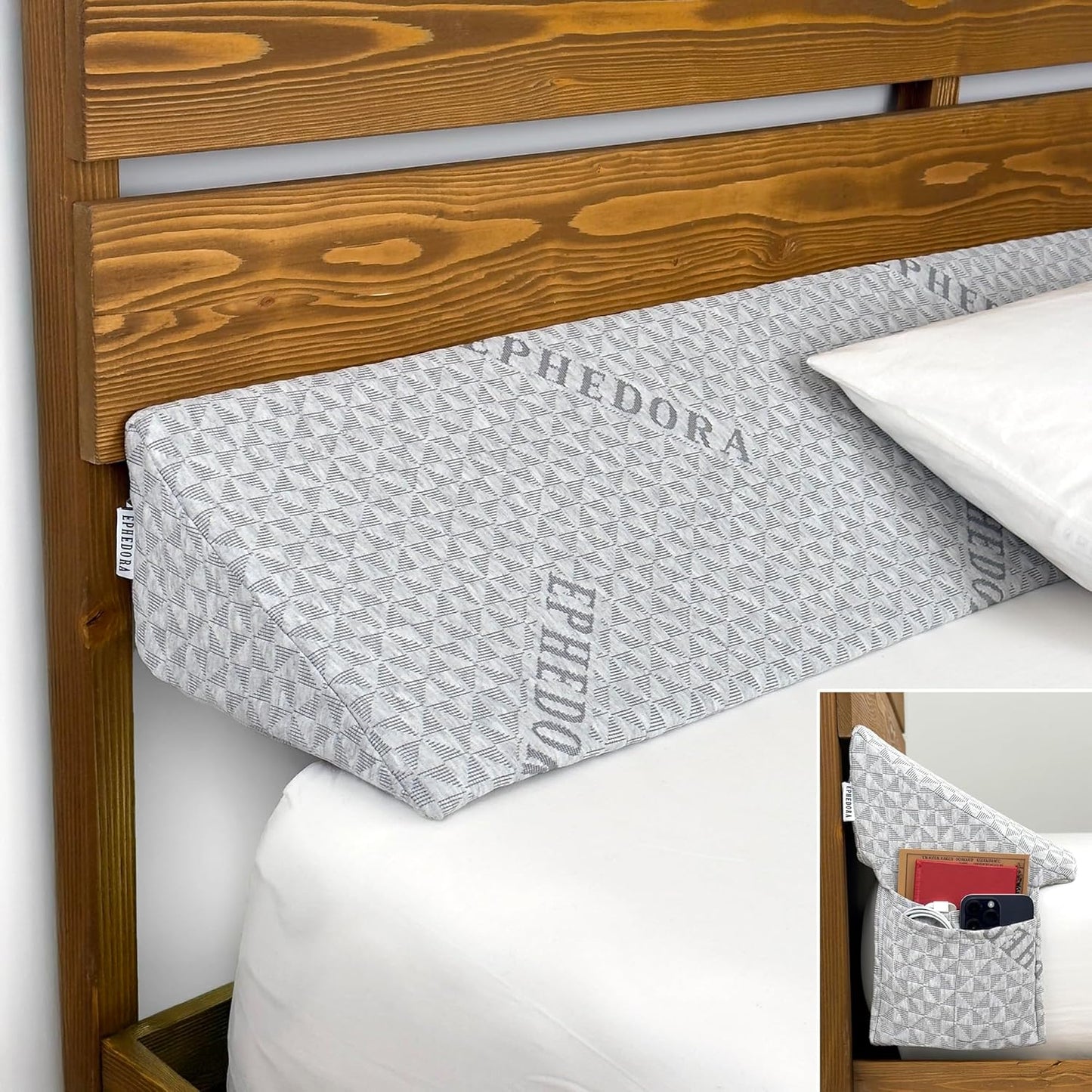 XL Bed Wedge Pillow for Headboard Gap Filler King Size - Fills 10 Inch Deep Gaps - Memory Foam Headboard Pillow Wedge Mattress Spacer with Pockets (76x10x6 Inch, Grey)