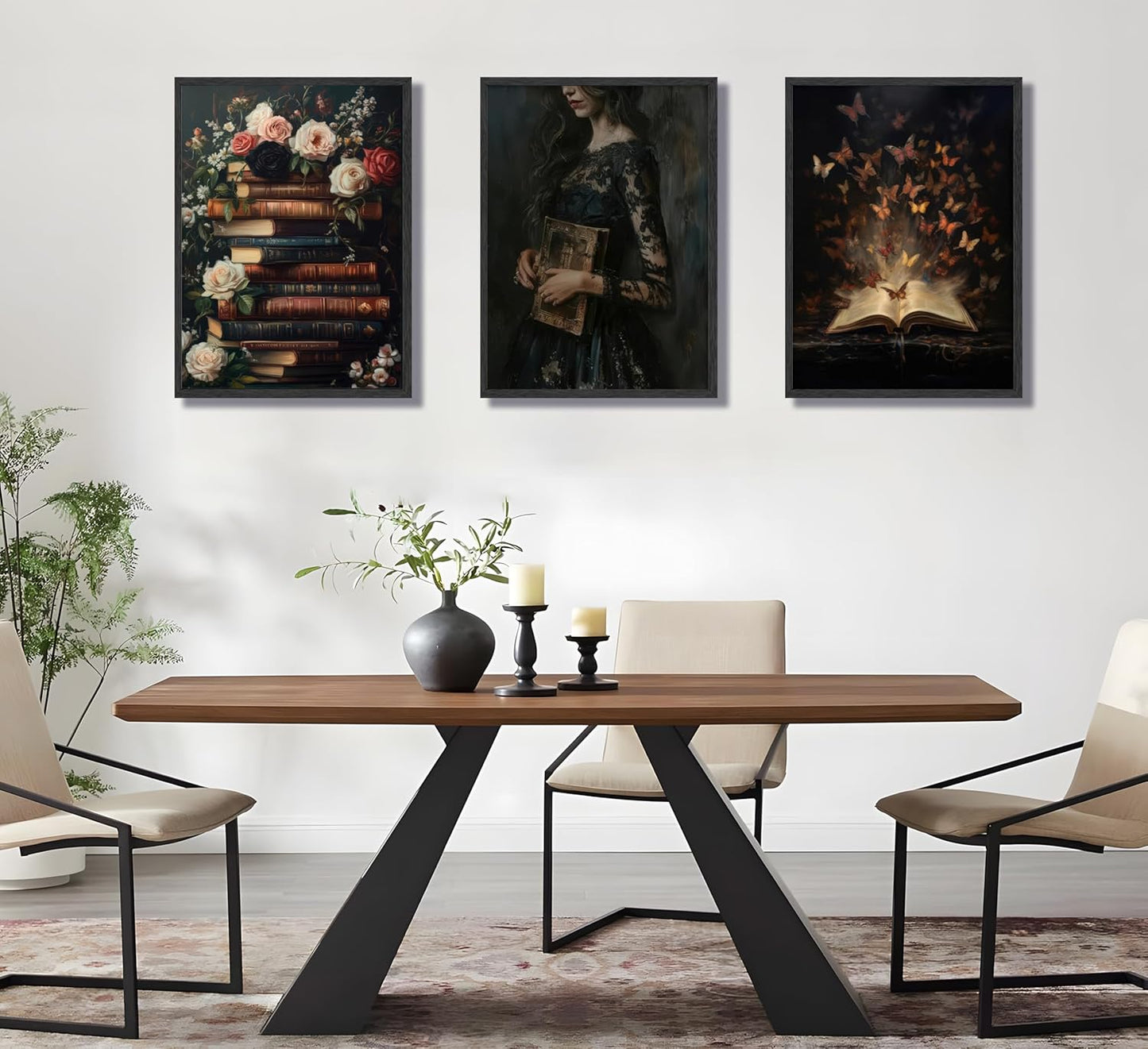3Pcs Victorian Reading Wall Art Vintage Floral and Book Reading Posters a Mysterious Woman and Butterfly Wall Decoration a Dark Academic Aesthetic Canvas Painting Prints for Bedroom or Study Decor (Unframed)