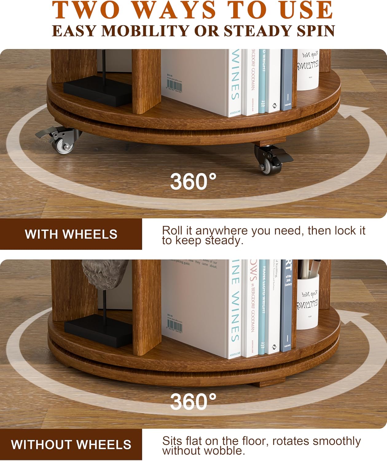 3-Tier Solid Wood Rotating Bookshelf on Wheels, 360° Spinning Book Shelf Tower, Round Revolving Bookcase Organizer, Rolling Bookshelves for Small Spaces, Corner, Bedroom, Kids Room, Office, Walnut