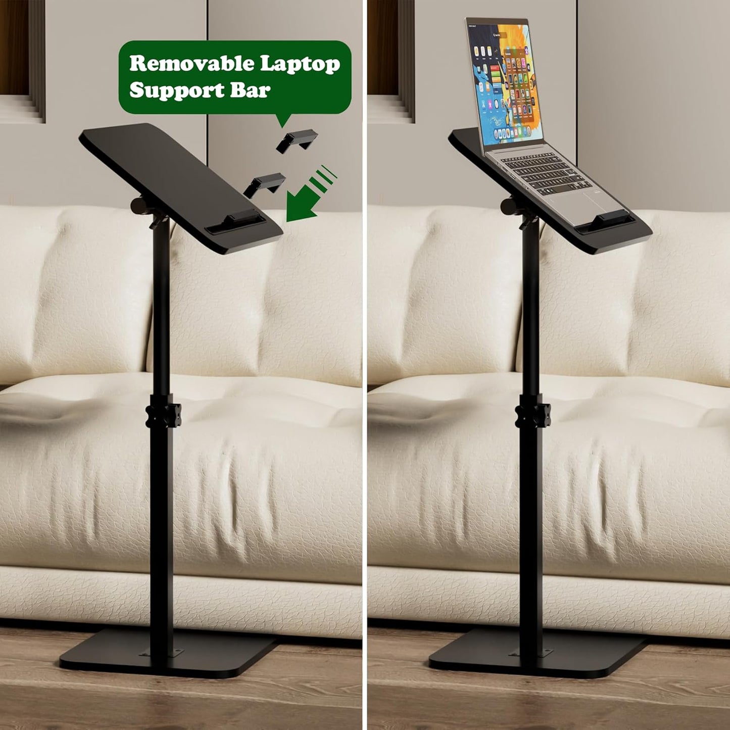 Black Side Tray Table for Couch - 360° Swivel Adjustable Height Rotating Sofa Table C Table End Table Laptop Desk with Phone & Tablet Slot, Perfect for Eating Working Reading, Fits Small Spaces
