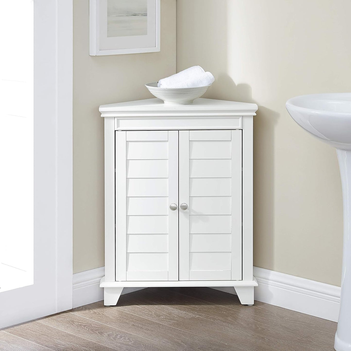 Crosley Furniture Lydia Corner Storage Cabinet and Bathroom Organizer with Shelves, White