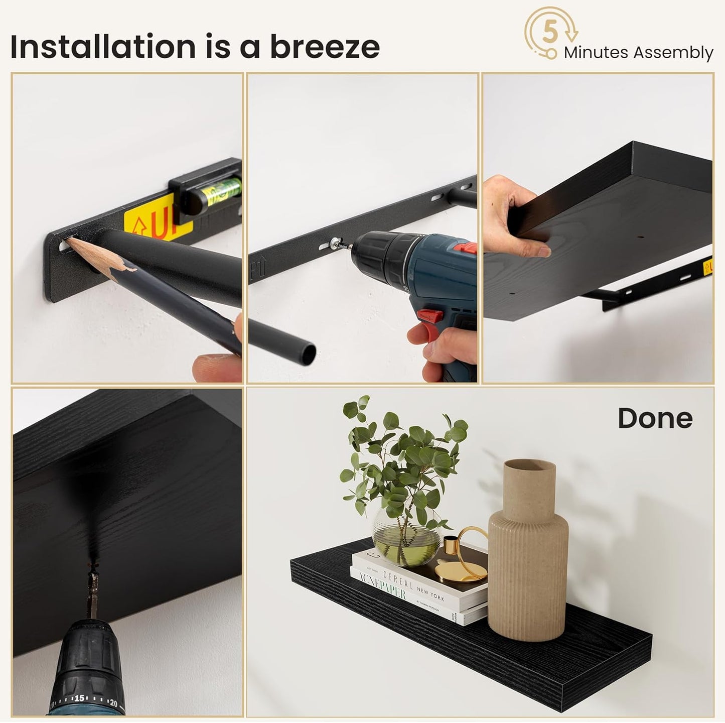 Fun Memories Floating Shelves for Wall, Rustic Wood Wall Mounted Shelves for Bathroom, Bedroom, Living Room & Kitchen, Storage Display Shelves, (Set of 3, Black, 12 in)