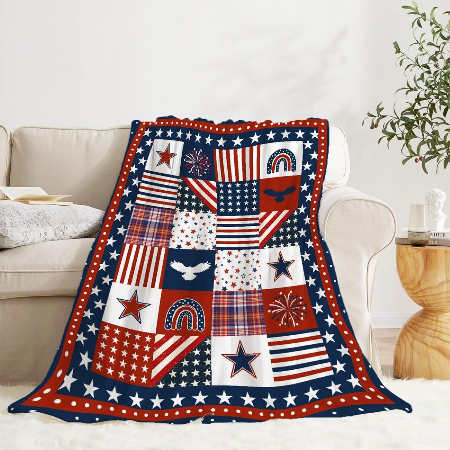 Flag Star Patriotic Blankets Independence Day 4th of July Blanket Gifts, Ultral Soft Blue Red White Lightweight Flannel Blankets Throw for Home Sofa Bed Chair 50"x60" for Teens