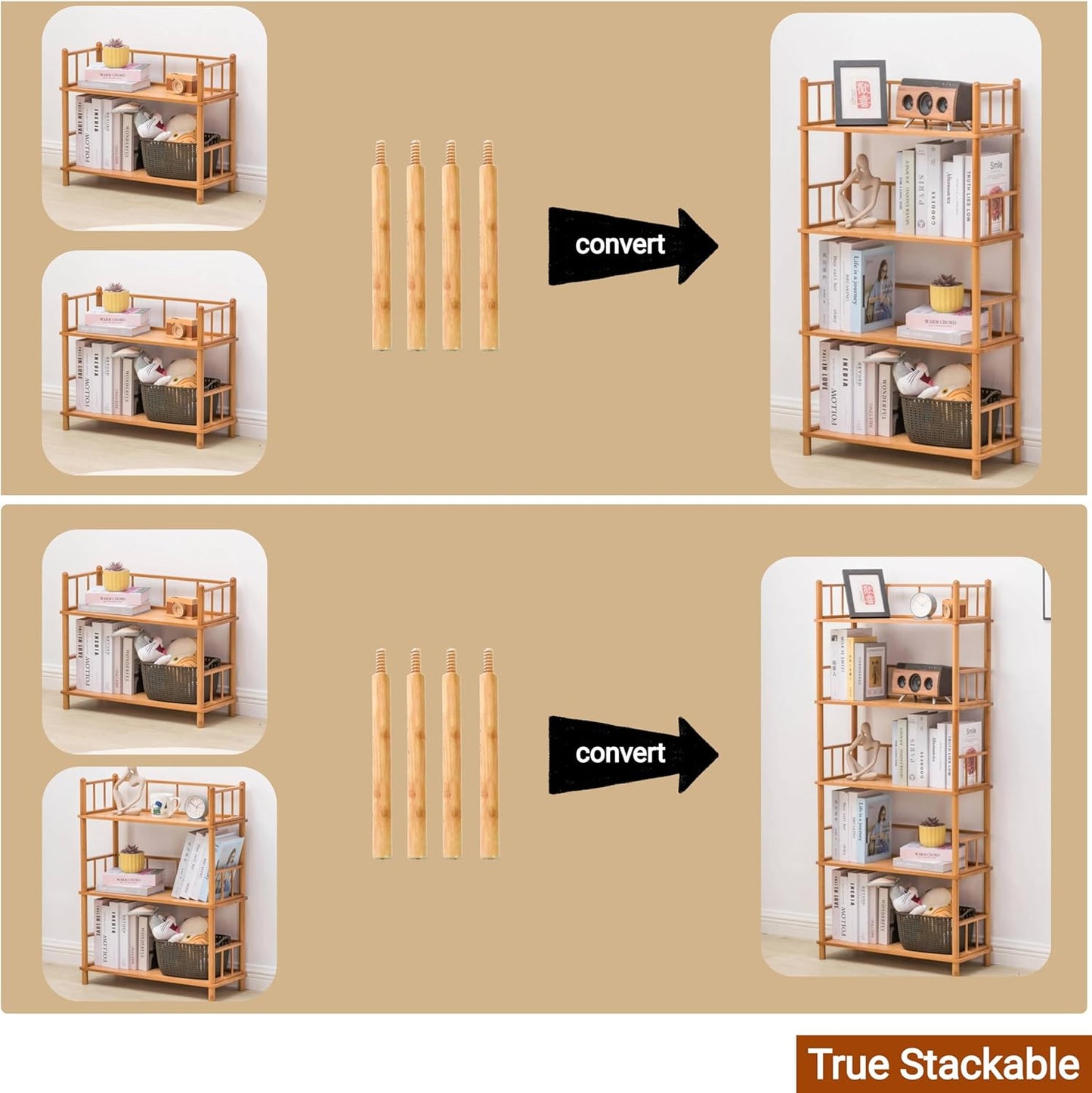 GOGOGO 3-Tier Expandable Bamboo Open Bookcase - No-Tools Assembly & Modular,Modern Display Bookshelf with Top Edge and Solid Wood Frame for Home and Office, Storage Cabinet