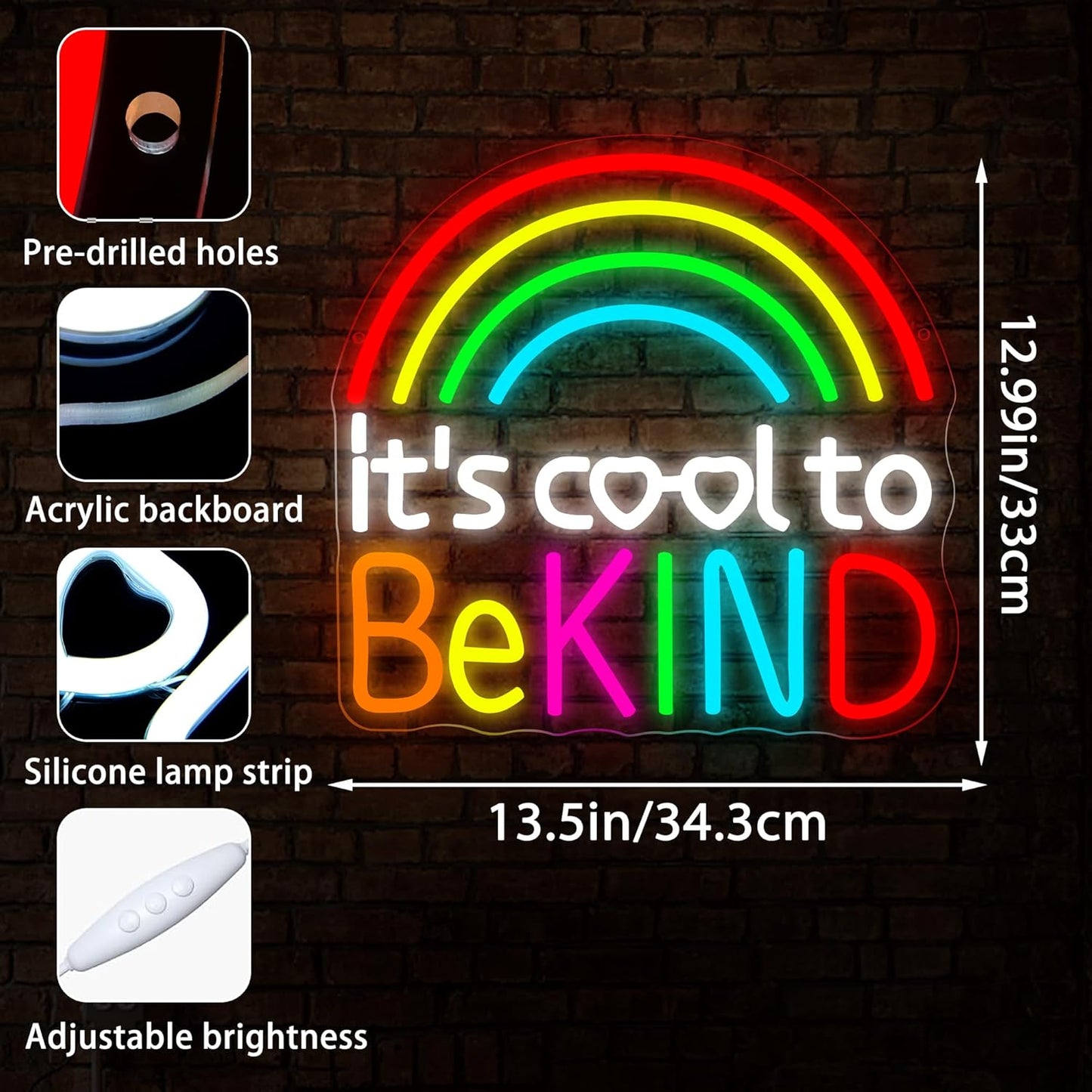 It's Cool To Be Kind Neon Sign for Wall Decor Dimmable Inspirational LED Rainbow Neon Lights for Classroom Decor Teachers Kids Signs Positive Wall Art for Classroom Kids Room Size 13.5*13in(GLNP299)