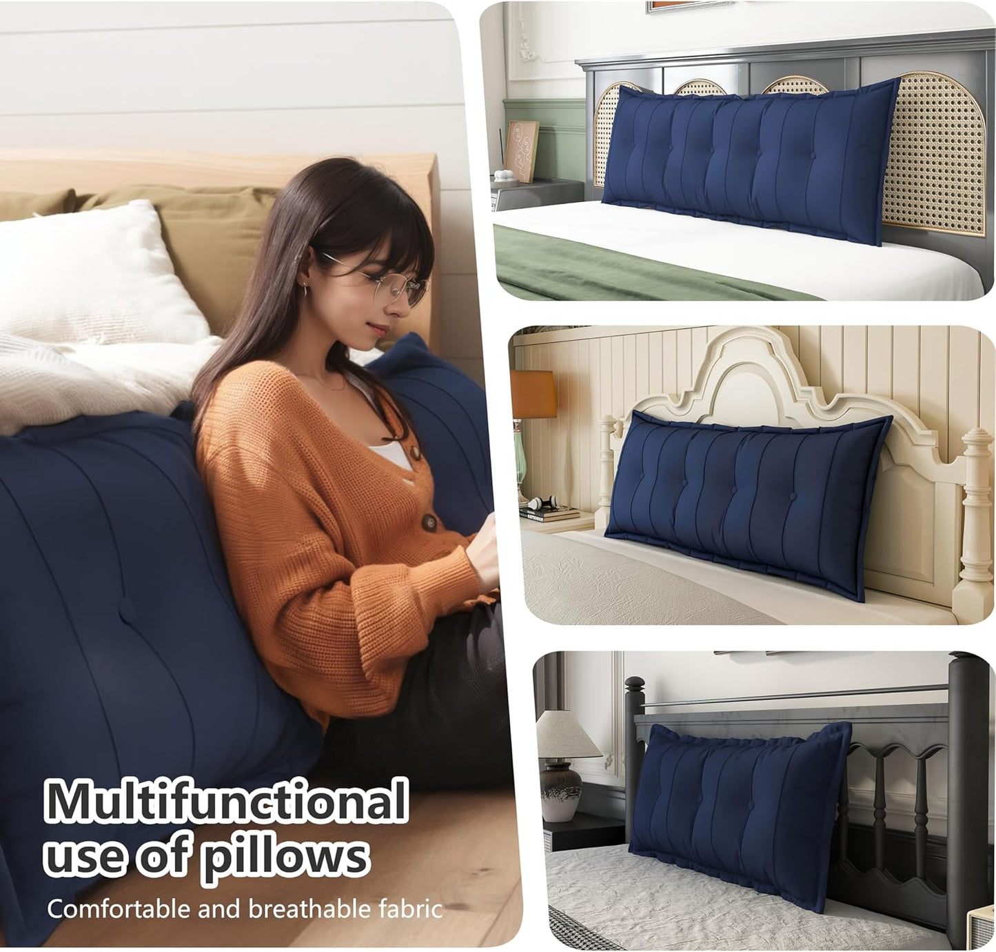 Johnear Headboard Pillow Large Reading Pillows for Sitting in Bed Adult Daybed Cushion Backrest Bolster Pillow Support Positioning Sofa Rest （Blue, 39 x 3 x 20 inches）