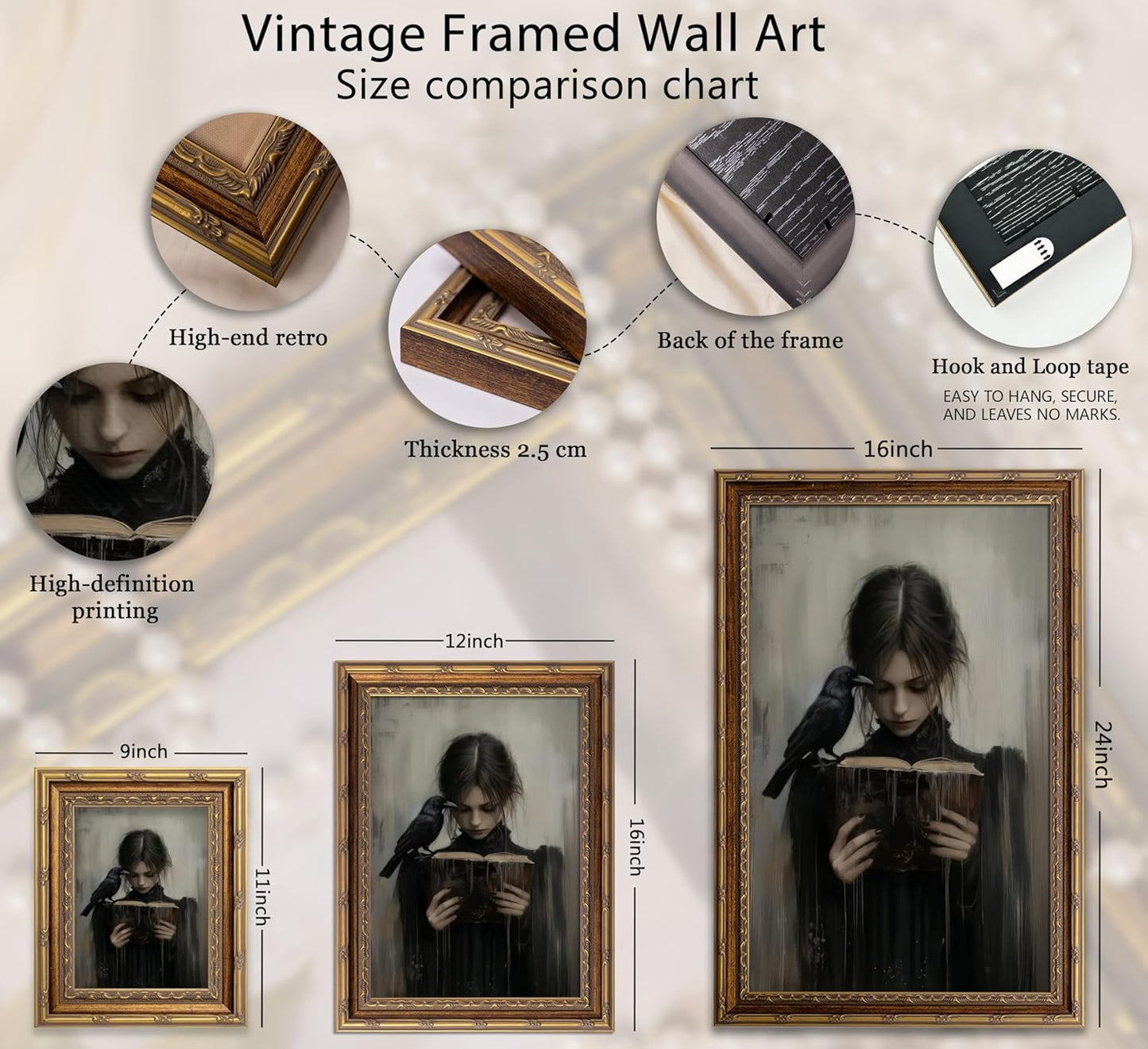 Vintage Gold Framed Girl Reading Book Canvas Wall Art Dark Academia Gothic Raven Painting Picture Wall Decor Retro Victorian Woman Poster Print Artwork for Living Room Bedroom Home Decoration