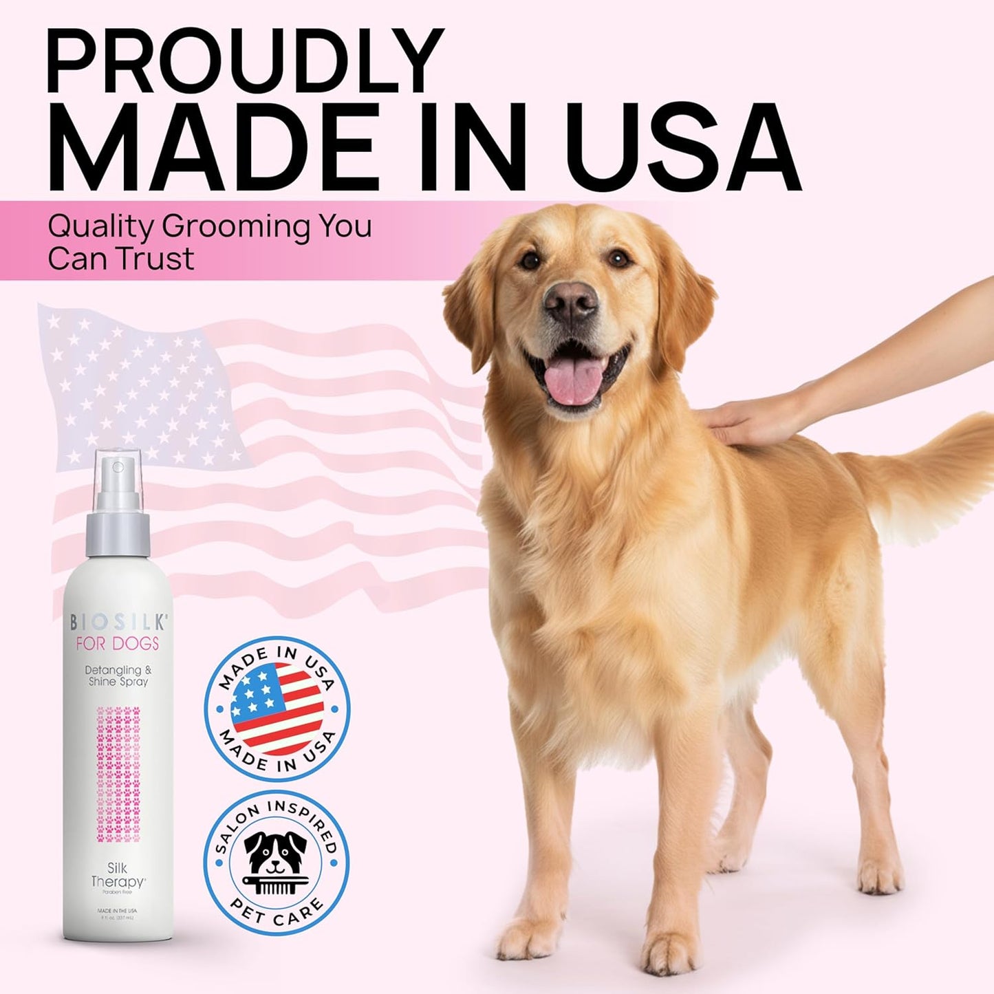 BioSilk for Dogs Detangling Spray with Shine Support, Lightweight Leave In Grooming Mist that Helps Smooth Coats, Detangle, and Add Shine Without Buildup, 8 Fl Oz