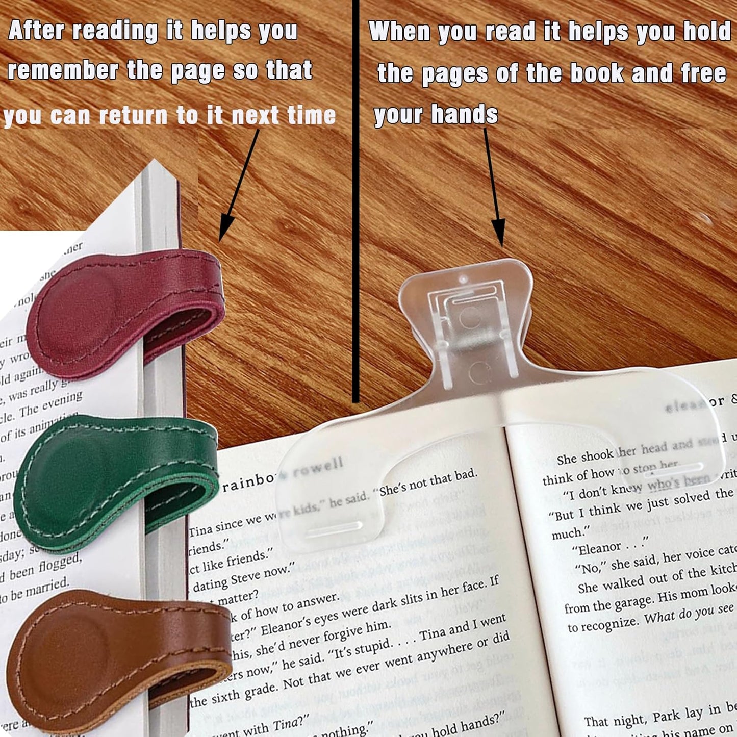 2PCS Transparent Reading Page Holder and 4Pcs Magnetic Leather Bookmark Combination Set,A Multi-Functional and Practical Magnetic Bookmark,Suitable for Book Lovers,Men,Women,Teachers,Students