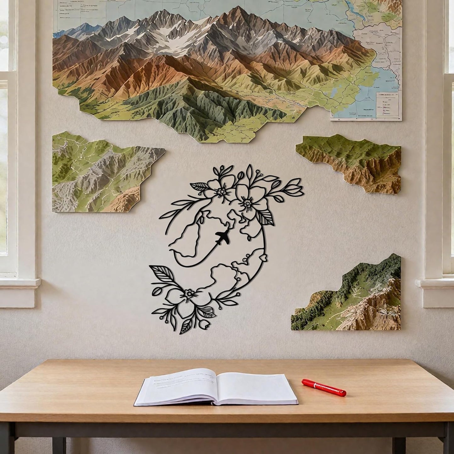 YATEASLU Metal Travel Wall Decor, Travel Themed Decor with World Map Design, Bedroom & Living Room Wall Art Gift for Travelers (Flower & Plane)