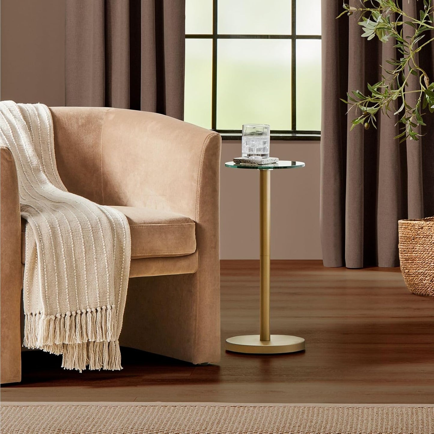 mDesign Glass Top Side/End Drink Table - Small Modern Round Accent Metal Nightstand Furniture for Living Room, Dorm, Home Office, and Bedroom - 9" Round - Clear/Soft Brass
