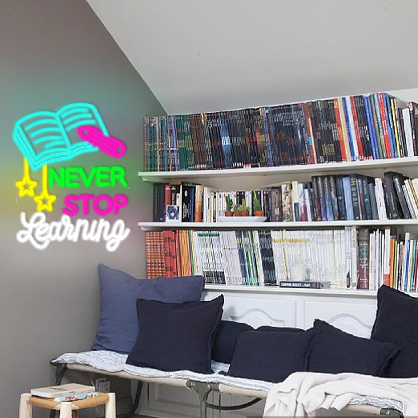 Read Books Neon Sign Led Never Stop Learning Light Up Sign for Wall Decor Dimmable Positive Reading Book Neon Classroom Sign for Learning Room Bookstore Study Room Library