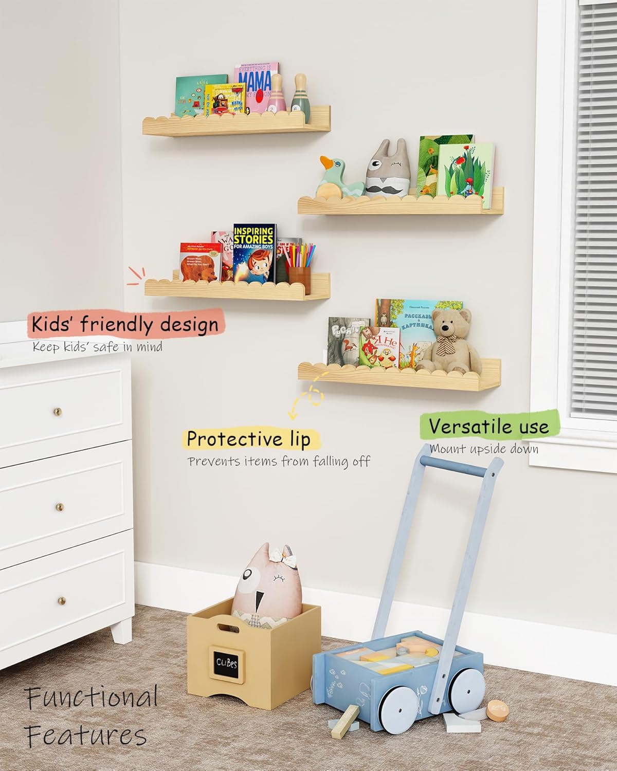 Scalloped Nursery Bookshelf Wall Mounted 4-Pack, Natural Wood Floating Book Shelves for Wall, Cloud Wall Mount Bookshelves for Kids Bedroom, Baby Children Toddler Room (Natural Pine Wood)