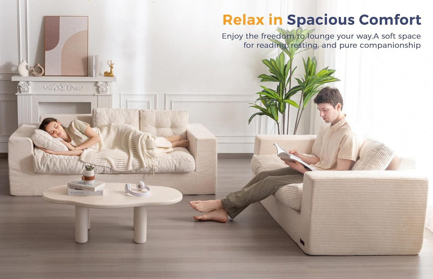 MAXYOYO 3-Seater Boneless Sofa Couch, Tufted Corded Sofa Lounge for Living Room, Comfy Bean Bag Chair High-Density Foam Couch with Pillows, No Assembly Required