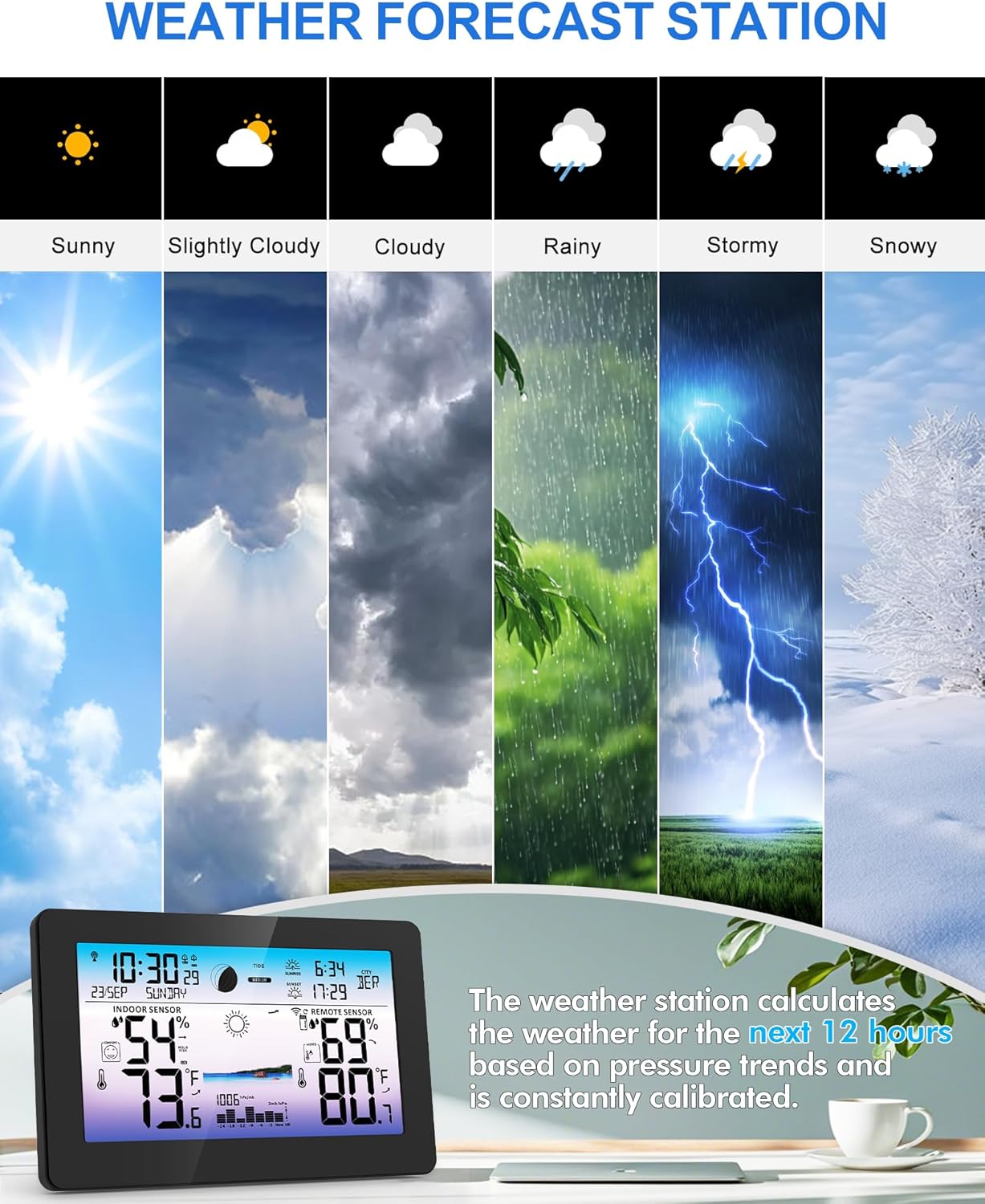 Weather Station Wireless Indoor Outdoor, Digital Thermometer for Home, Large Color HD Display with Remote Sensor, Weather Forecast, Atomic Clock, Moon Phase