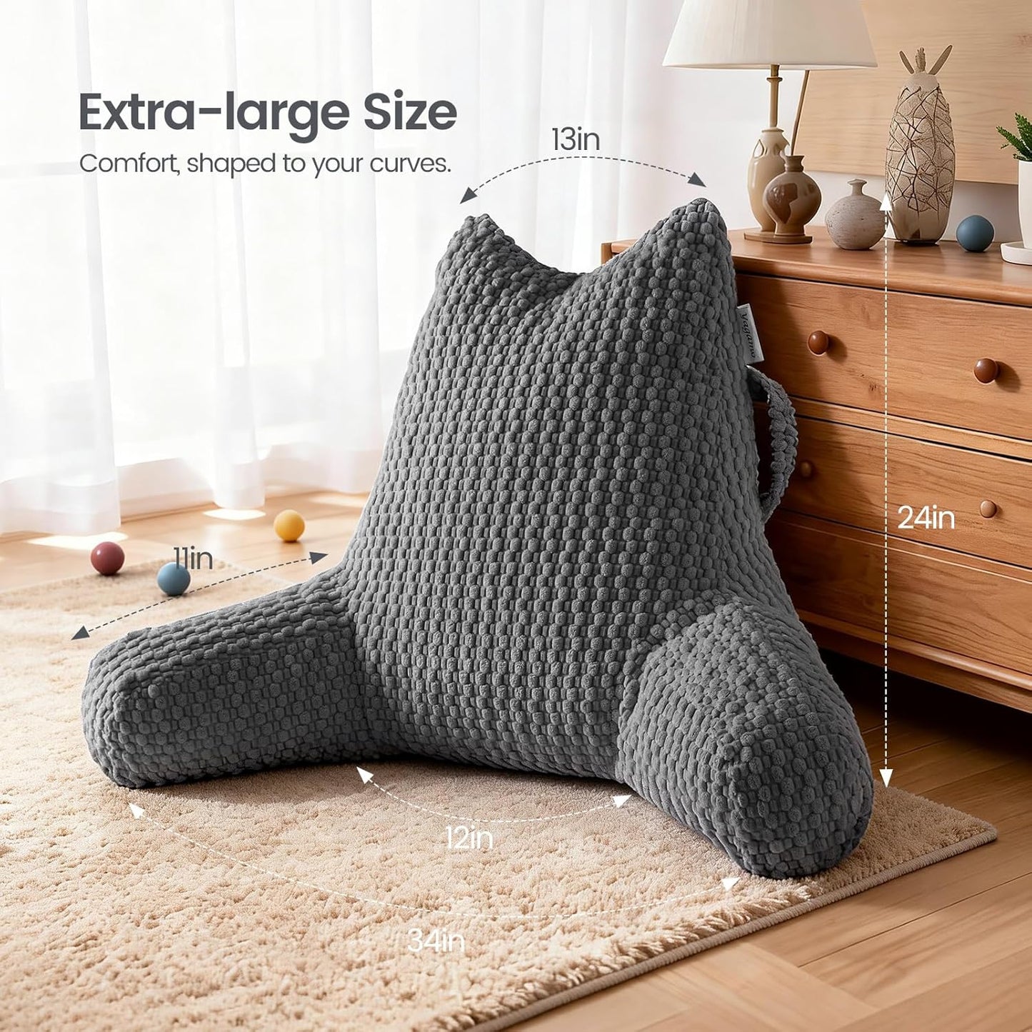 Reading Pillow, Backrest Pillow with Shredded Memory Foam, Back Support Cushion for Bed and Couch Sitting Up, Bed Pillow with Arms, Pockets and Washable Cover-Grey