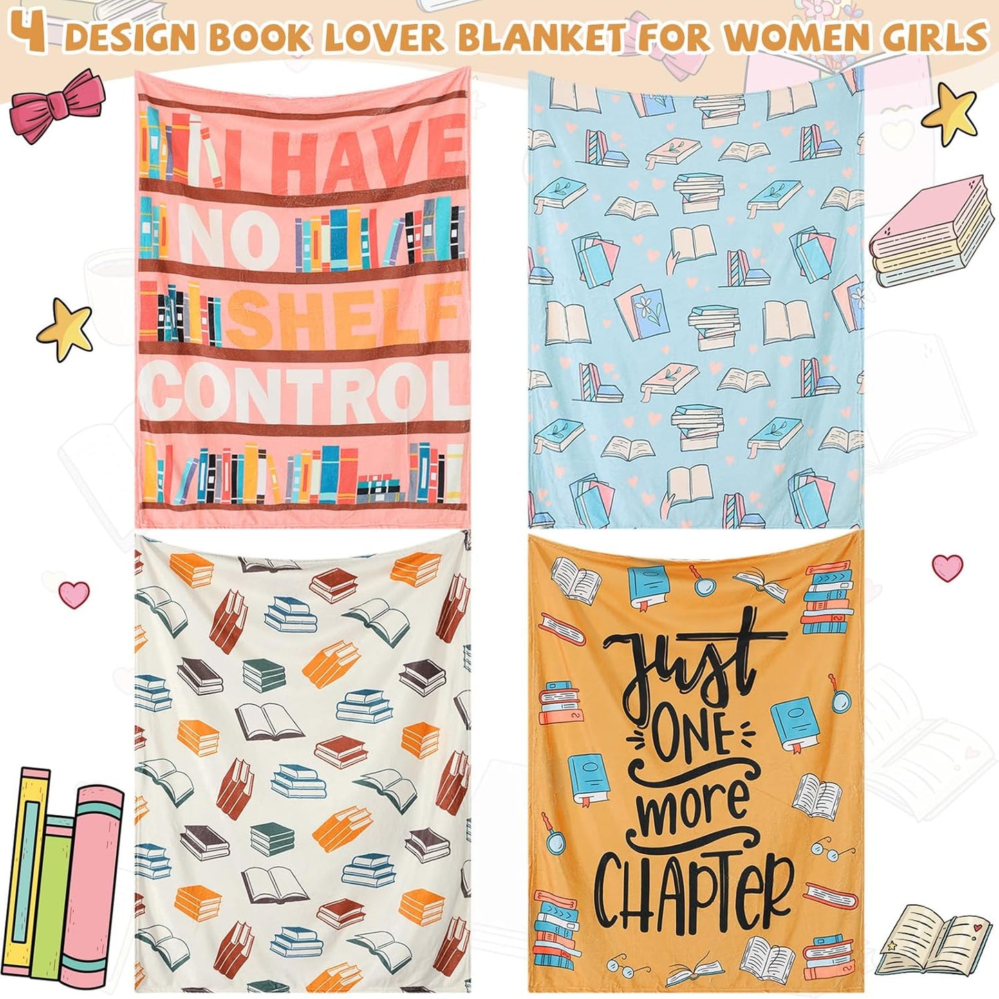 VitalCozy 4 Pack Book Throw Blankets for Teens Adult Soft Fleece Flannel Couch Blankets Birthday Gifts for Book Lovers Bookish Librarians, 40''x50''