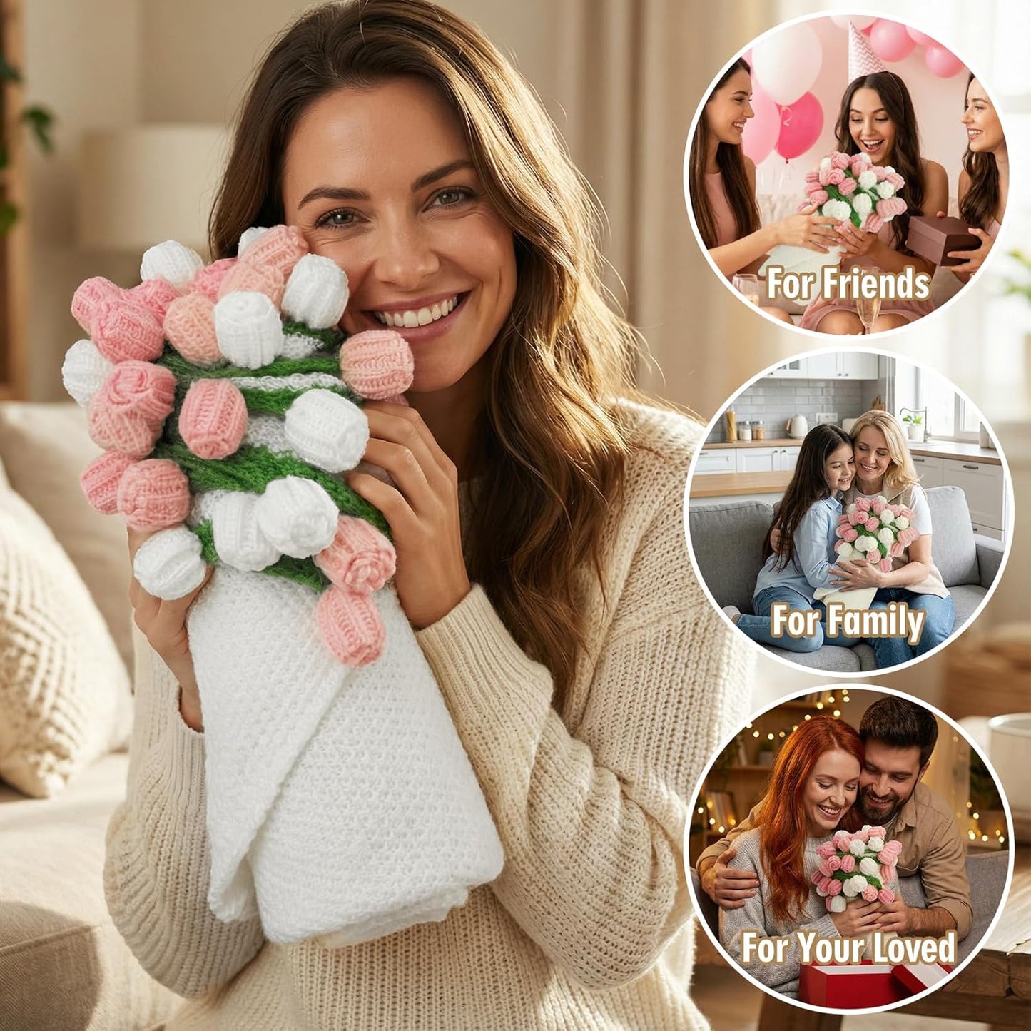 Flower Bouquet Blanket, Handmade Crochet Flower Bouquet, Soft Knitted Throw Blankets, Gift for Her Girlfriend Mom Mother’s Day Valentine Wedding Anniversary Christmas Birthday, Rose Pink（32 in）