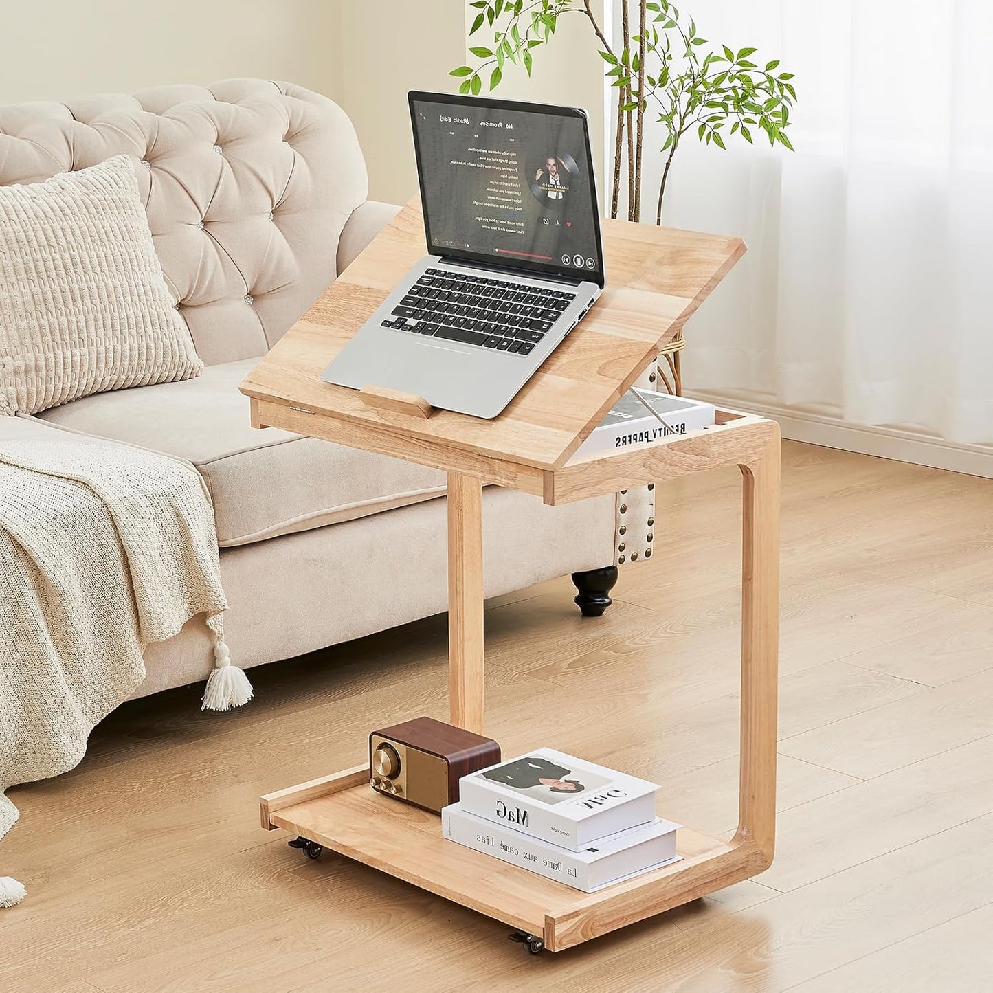 Couch Tables That Slide Under - C Shaped End Table for Couch, Wooden Side Table for Sofa, Small Sofa Arm Tray Desk, Rolling Side Table with Wheels for Laptop/Living Room/Bedroom, Natural