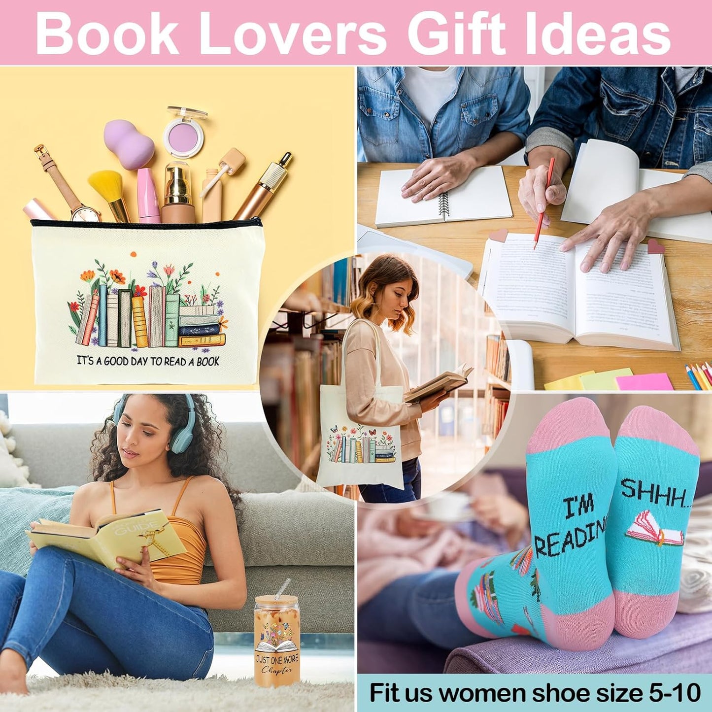 Book Lover Gifts Set for Women Bookish Gifts Include Reading Canvas Tote Bag Cosmetic Bags Novelty Socks Leather Heart Bookmarks 16 oz Glass Tumbler for Librarian Bookish Readers Teacher