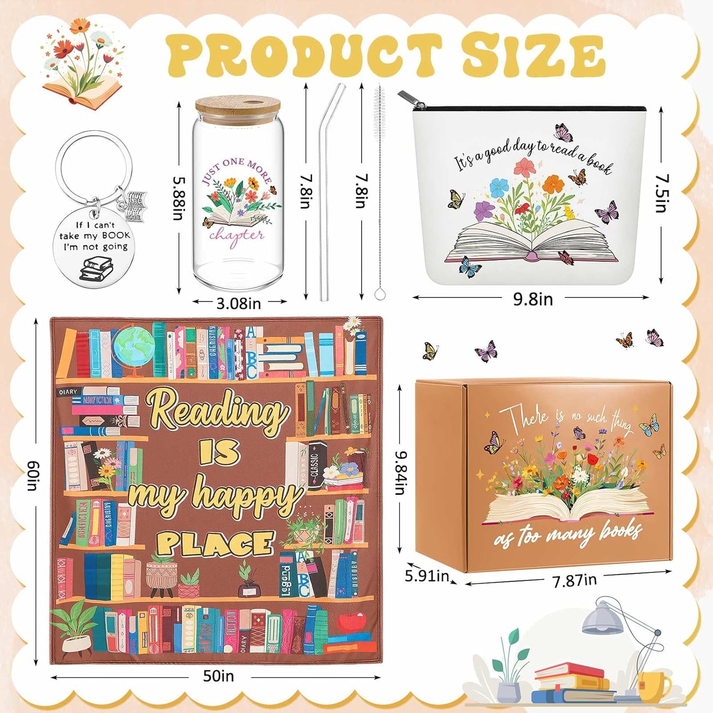 Paterr 6 Pcs Book Lover Gifts for Women, Mother's Day Book Club Gifts for Bookish, Canvas Tote Bag Makeup Bag Print Blanket Socks 16oz Glass Coffee Cup with Straw Cute Keychain for Librarian Birthday